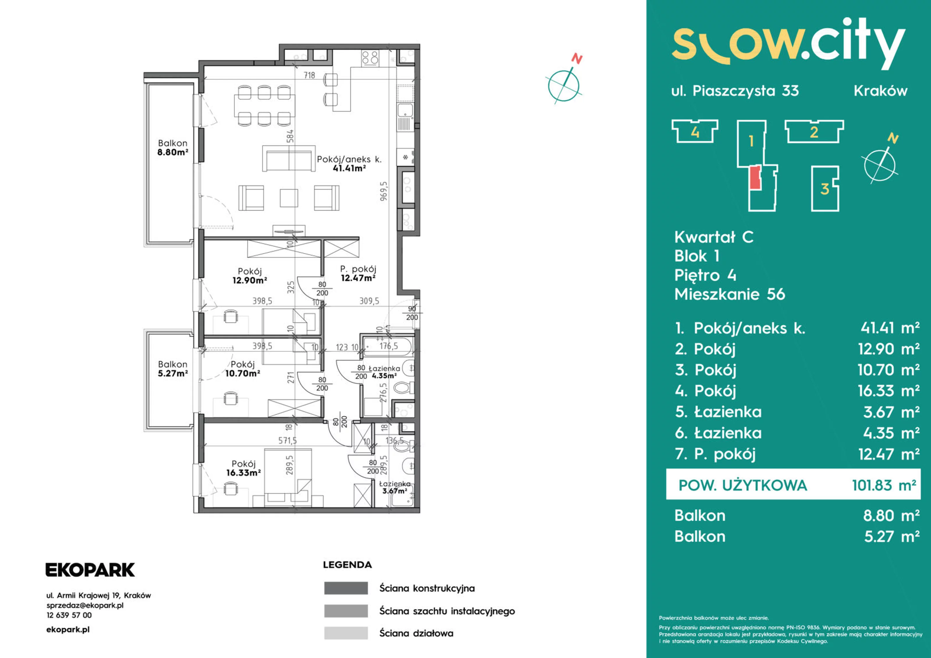 Mieszkanie 101,83 m², piętro 4, oferta nr C1-56, Slow City, Kraków, Prądnik Biały, ul. Piaszczysta