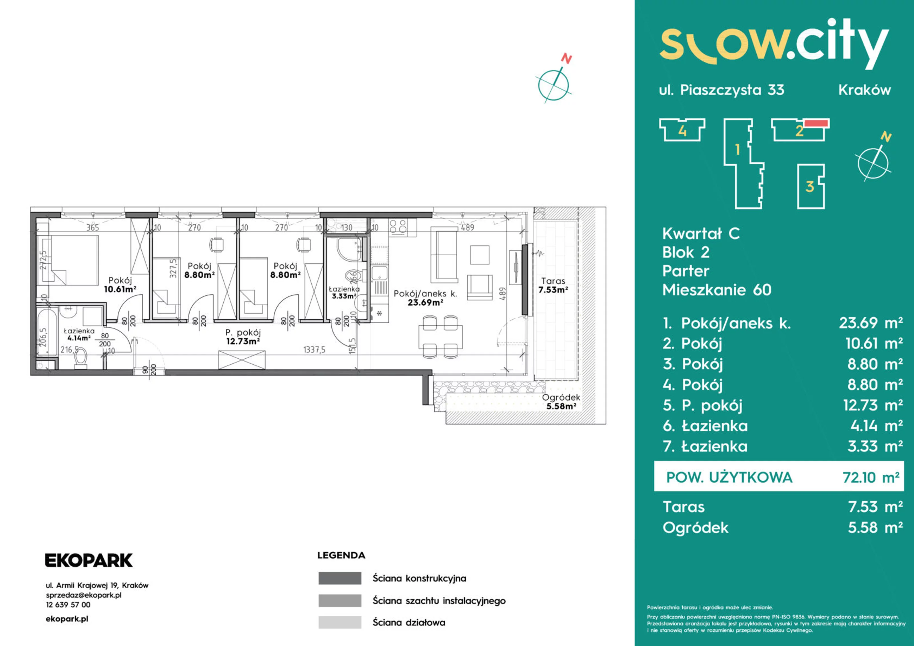 4 pokoje, mieszkanie 72,10 m², parter, oferta nr C2-60, Slow City, Kraków, Prądnik Biały, ul. Piaszczysta