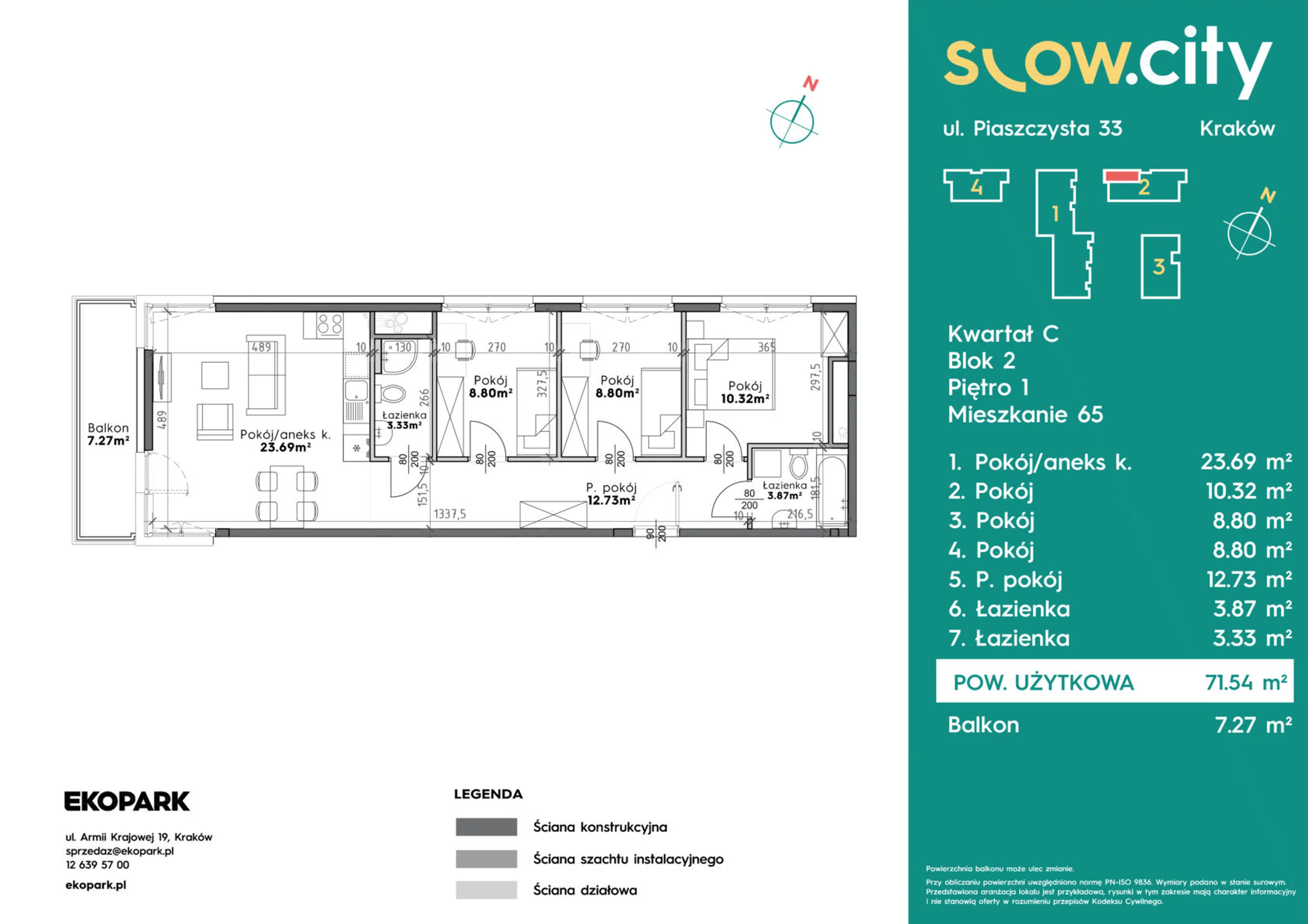 Mieszkanie 71,54 m², piętro 1, oferta nr C2-65, Slow City, Kraków, Prądnik Biały, ul. Piaszczysta