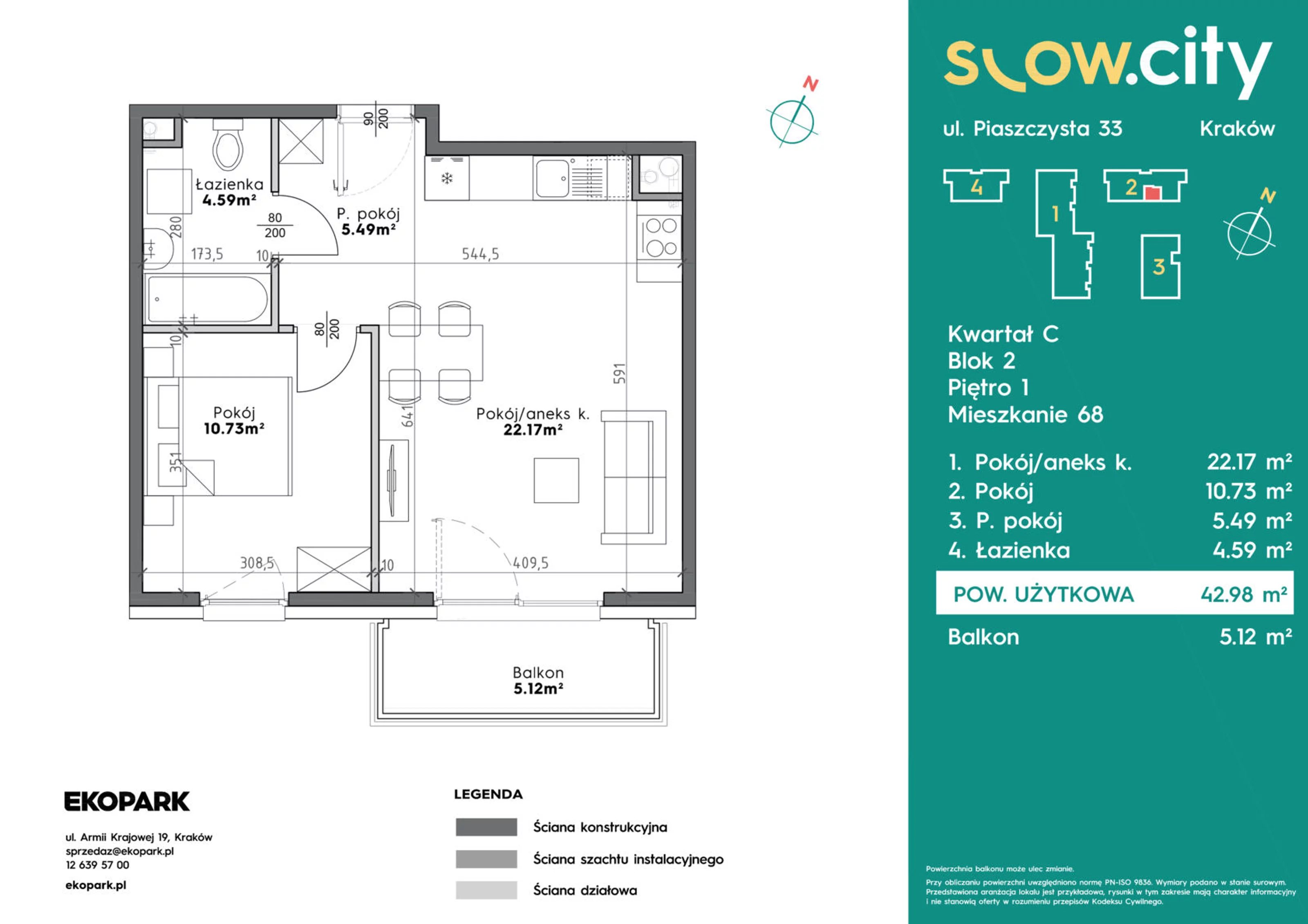 2 pokoje, mieszkanie 42,98 m², piętro 1, oferta nr C2-68, Slow City, Kraków, Prądnik Biały, ul. Piaszczysta