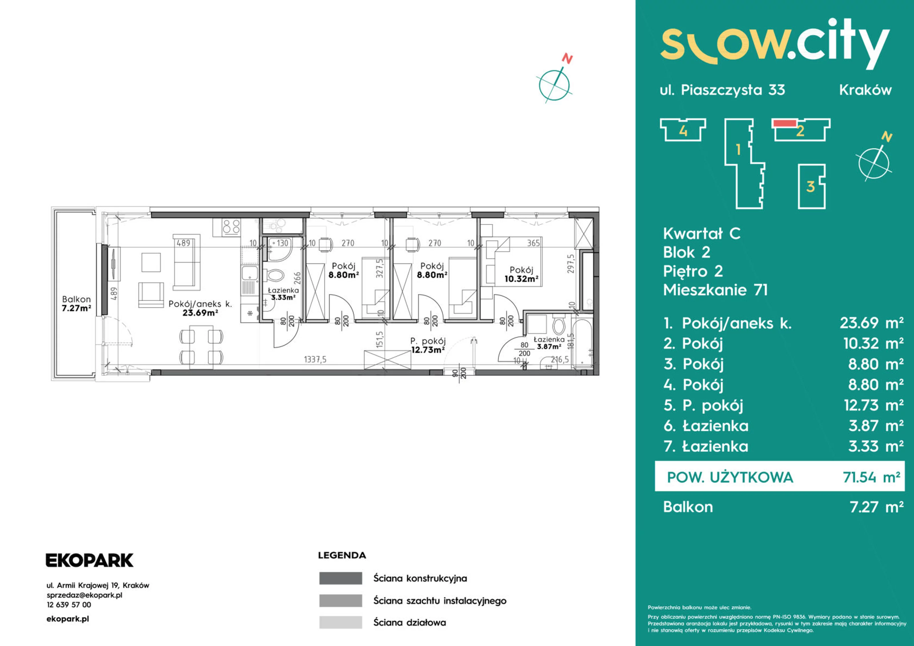 Mieszkanie 71,54 m², piętro 2, oferta nr C2-71, Slow City, Kraków, Prądnik Biały, ul. Piaszczysta