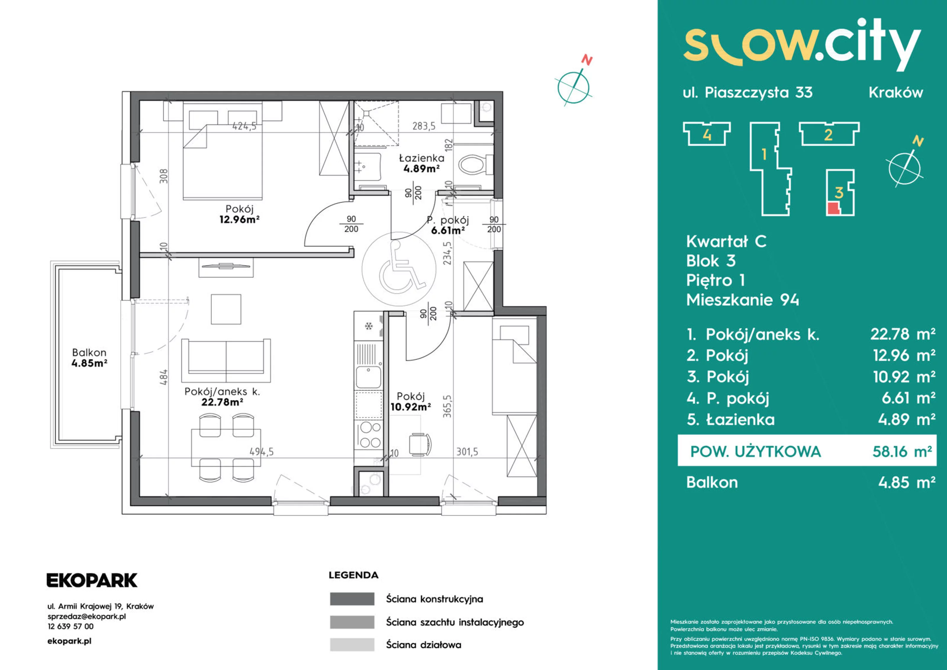 Mieszkanie 58,16 m², piętro 1, oferta nr C3-94, Slow City, Kraków, Prądnik Biały, ul. Piaszczysta