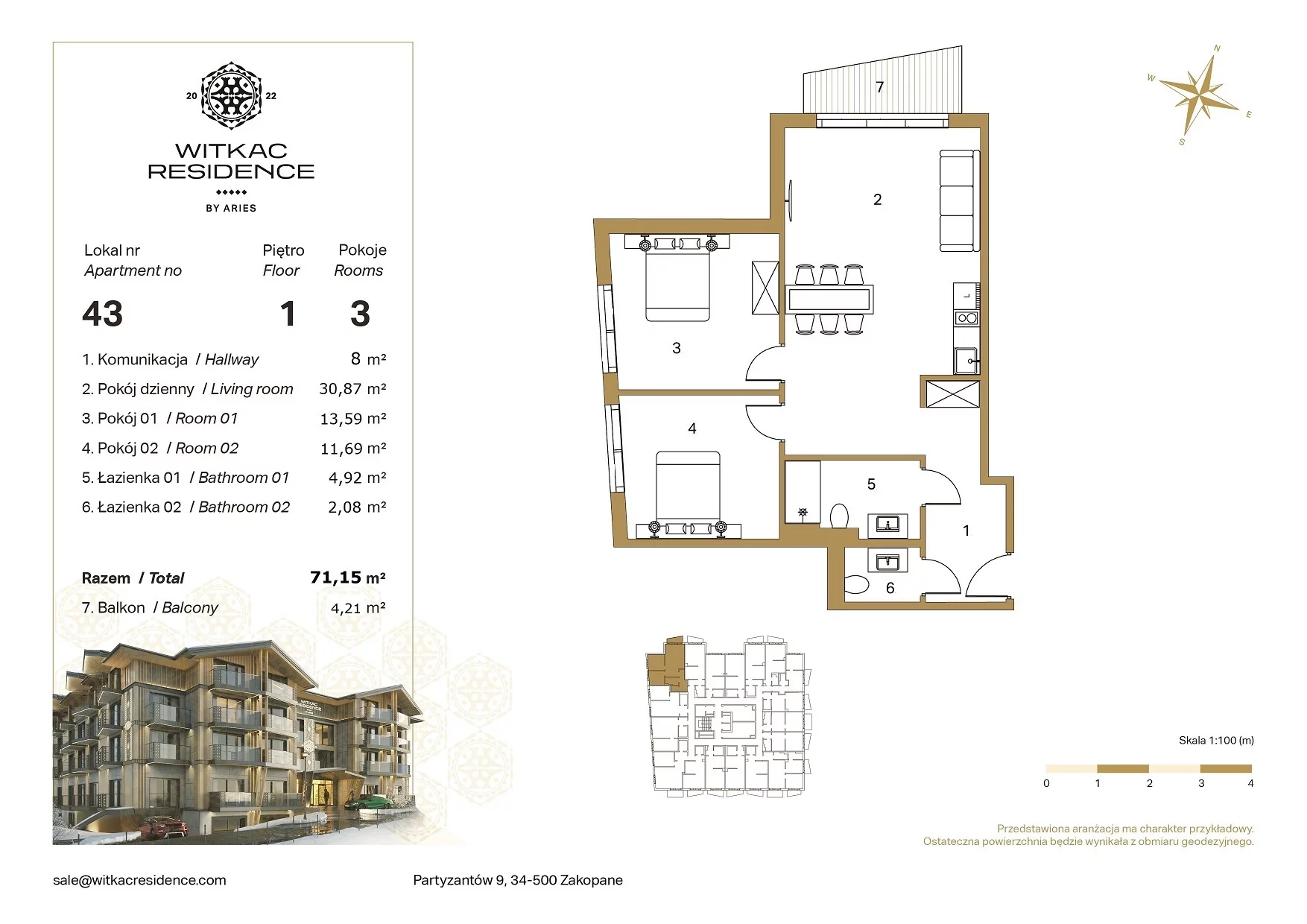 3 pokoje, apartament 71,15 m², piętro 1, oferta nr 43, Witkac Residence by Aries, Zakopane, Centrum, ul. Partyzantów 9