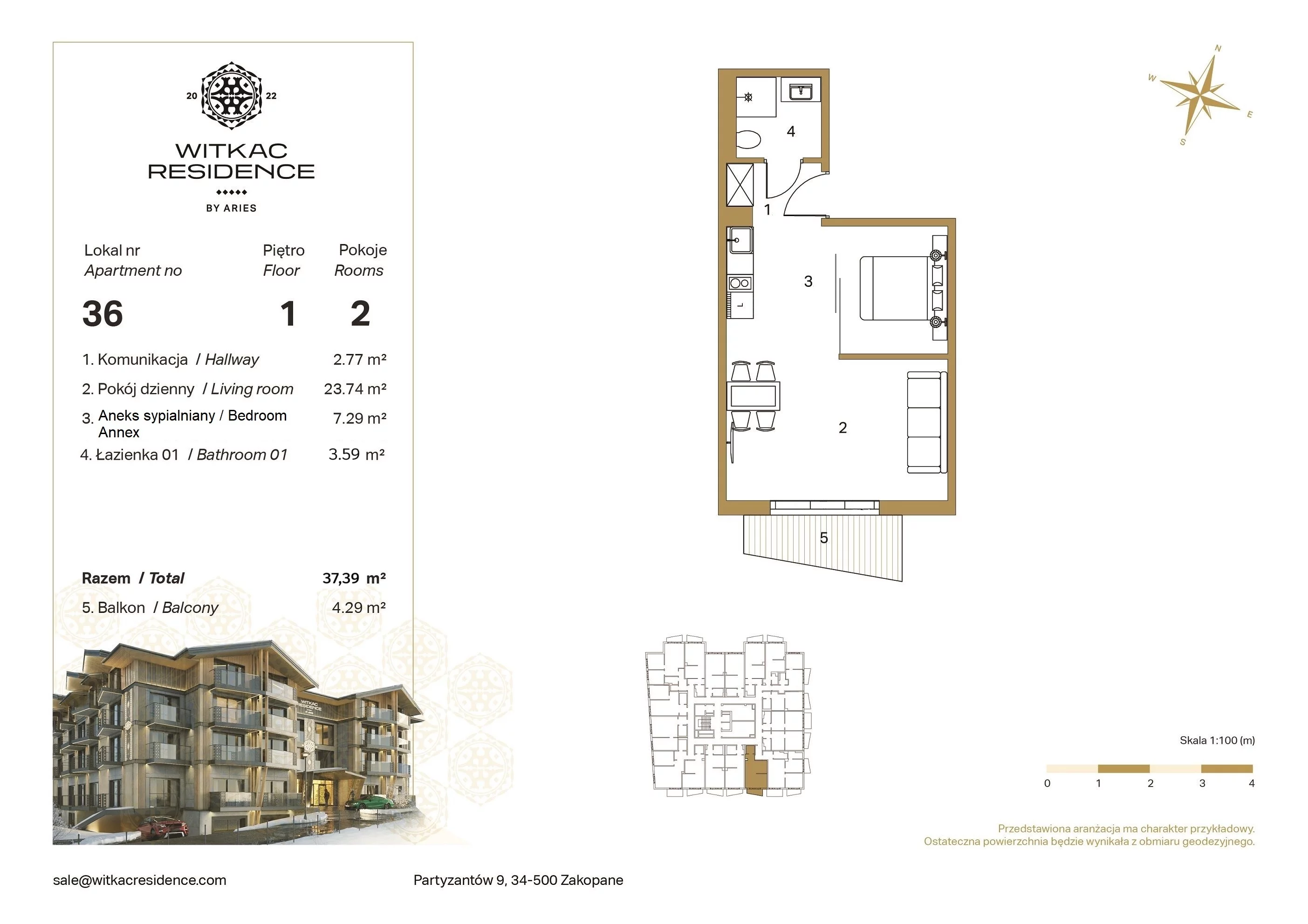 1 pokój, apartament 37,39 m², piętro 1, oferta nr 36, Witkac Residence by Aries, Zakopane, Centrum, ul. Partyzantów 9