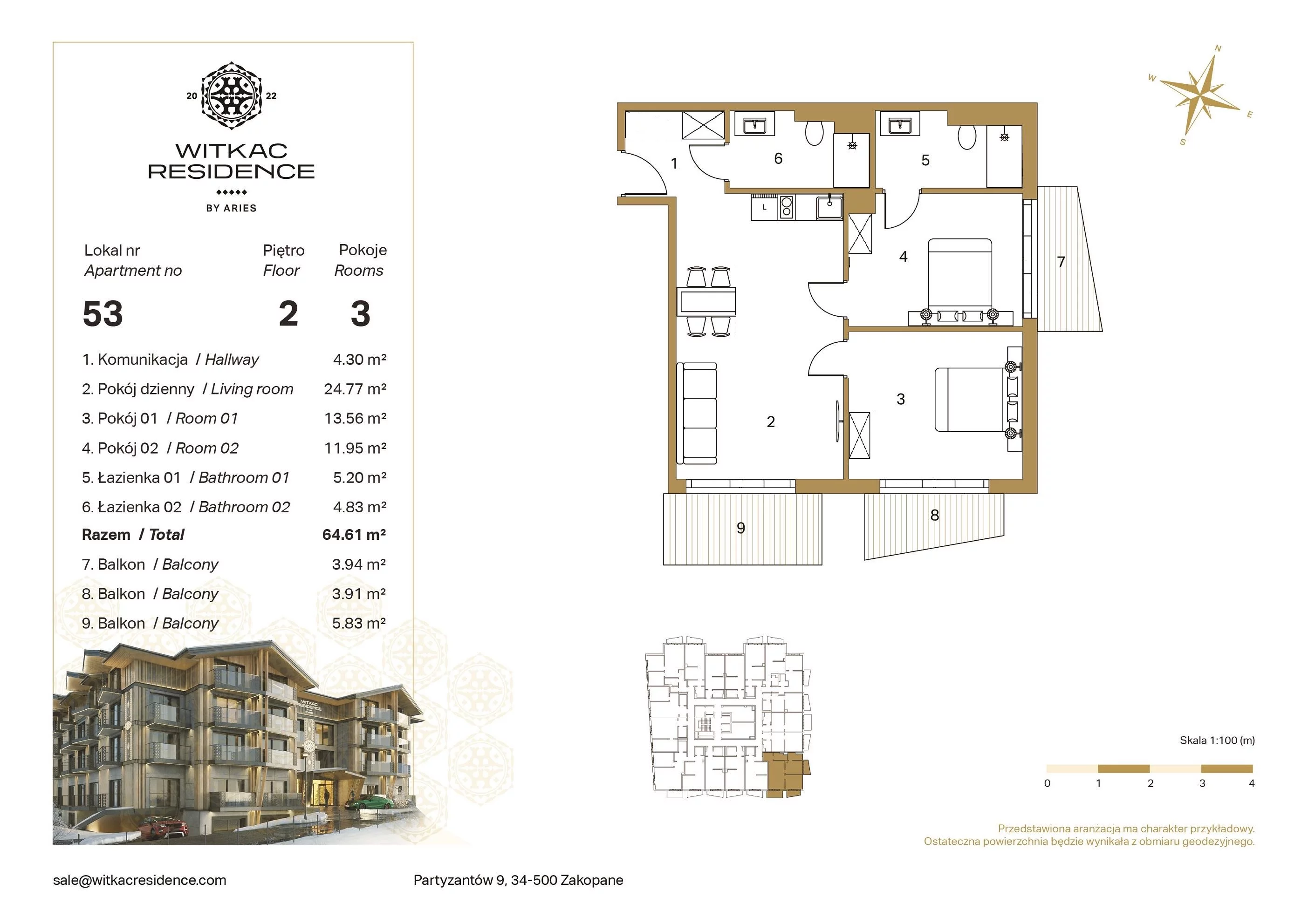 3 pokoje, apartament 64,61 m², piętro 2, oferta nr 53, Witkac Residence by Aries, Zakopane, Centrum, ul. Partyzantów 9