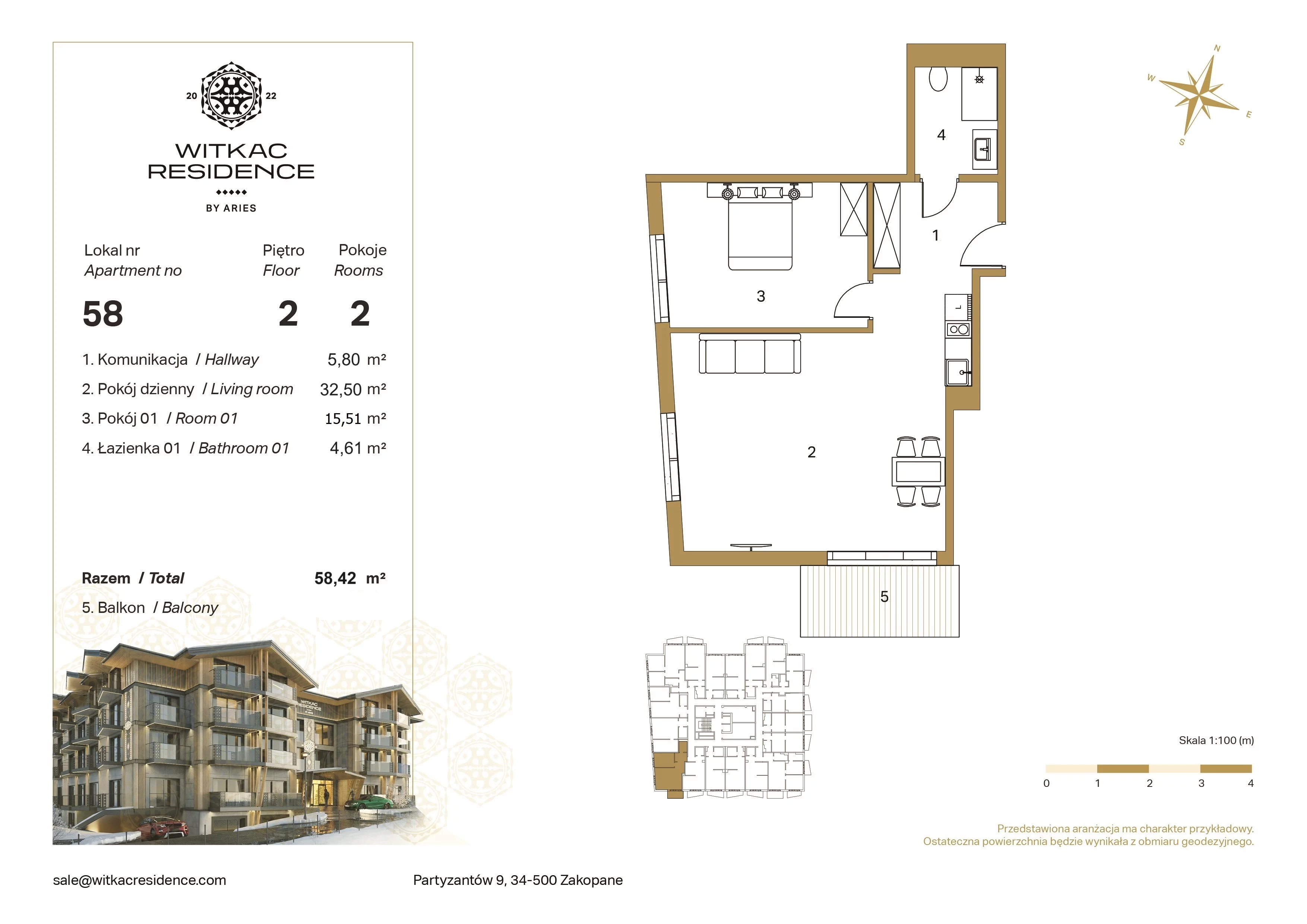 2 pokoje, apartament 58,42 m², piętro 2, oferta nr 58, Witkac Residence by Aries, Zakopane, Centrum, ul. Partyzantów 9