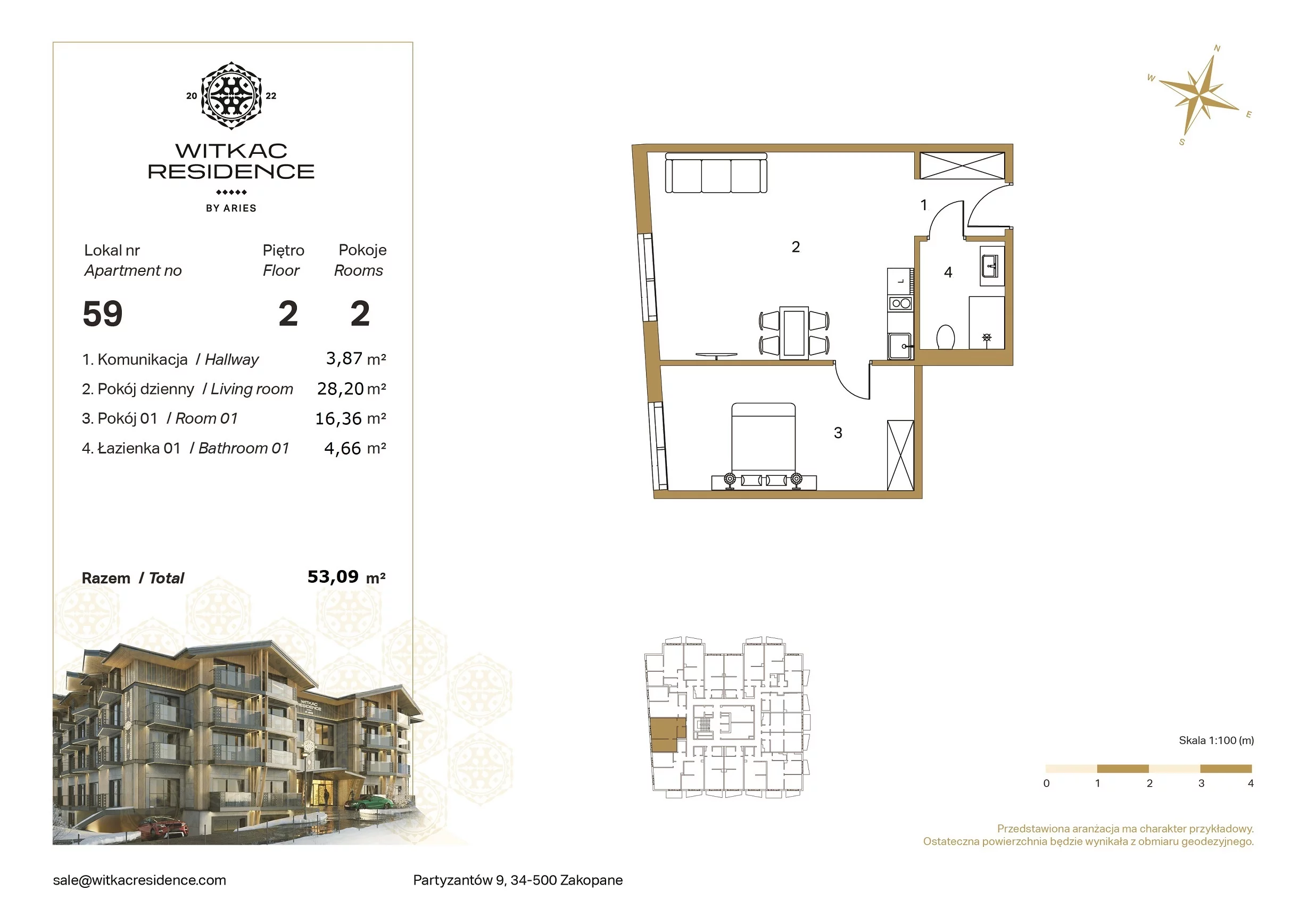 2 pokoje, apartament 53,09 m², piętro 2, oferta nr 59, Witkac Residence by Aries, Zakopane, Centrum, ul. Partyzantów 9