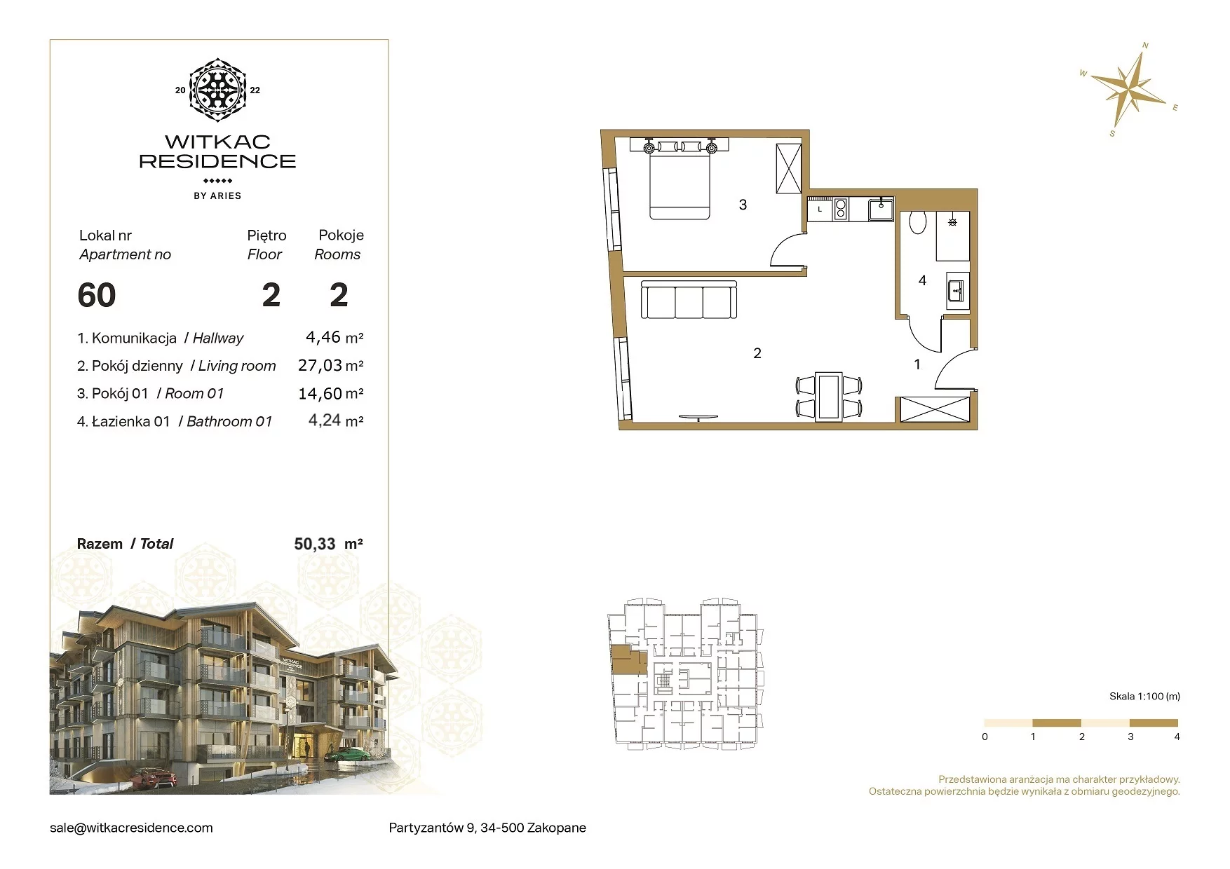 2 pokoje, apartament 50,33 m², piętro 2, oferta nr 60, Witkac Residence by Aries, Zakopane, Centrum, ul. Partyzantów 9
