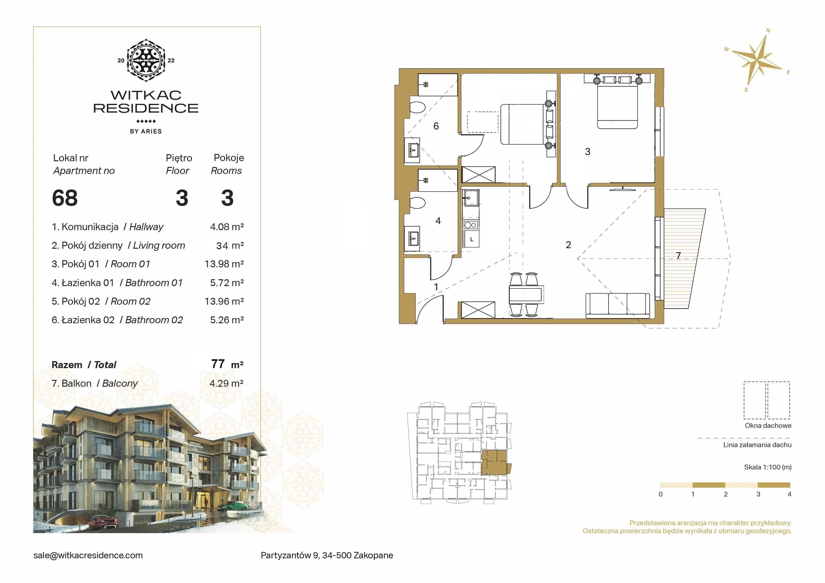 3 pokoje, apartament 77,00 m², piętro 3, oferta nr 68, Witkac Residence by Aries, Zakopane, Centrum, ul. Partyzantów 9