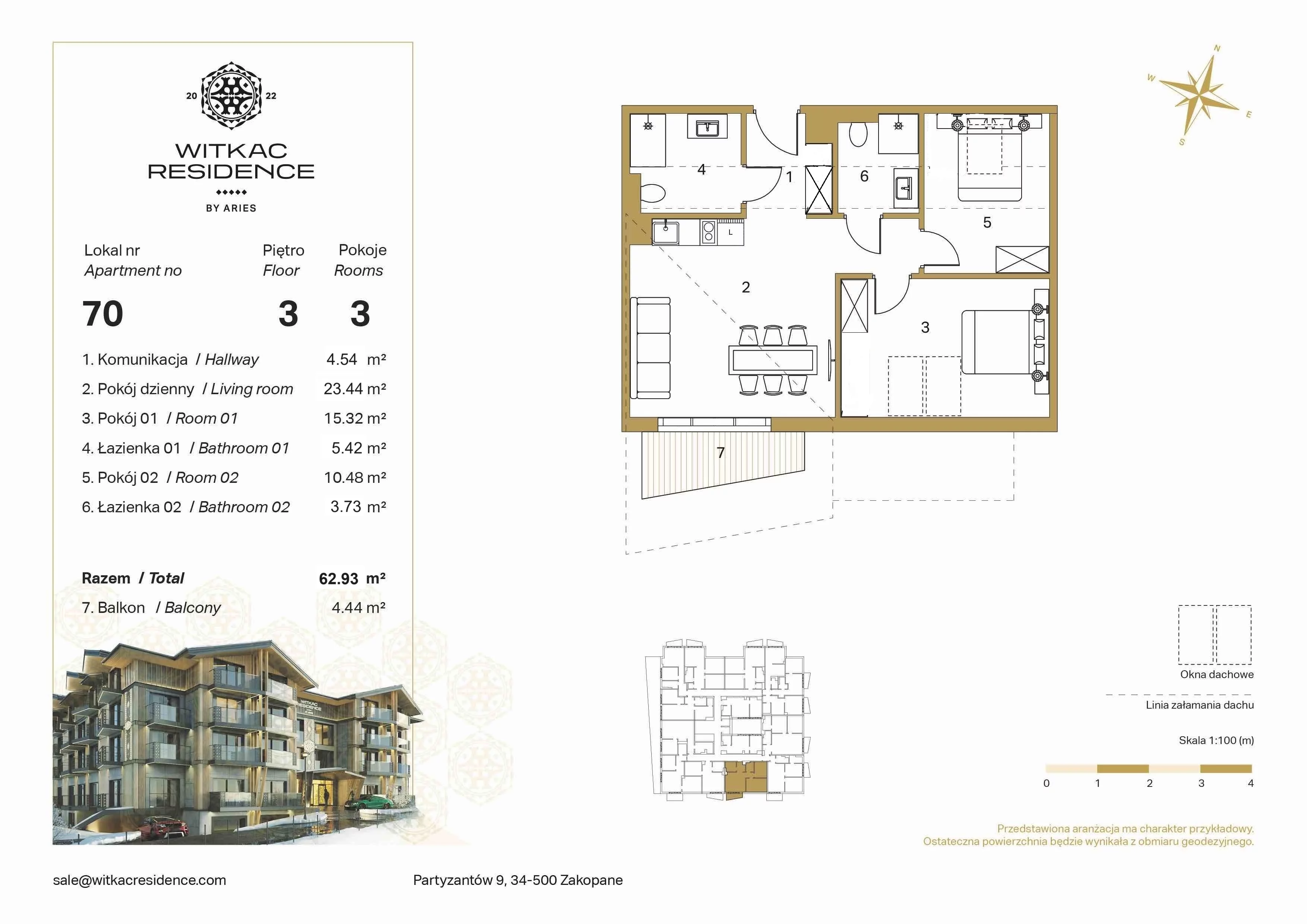 3 pokoje, apartament 62,93 m², piętro 3, oferta nr 70, Witkac Residence by Aries, Zakopane, Centrum, ul. Partyzantów 9