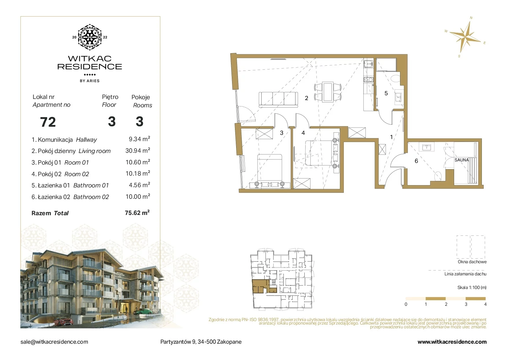 3 pokoje, apartament 75,75 m², piętro 3, oferta nr 72, Witkac Residence by Aries, Zakopane, Centrum, ul. Partyzantów 9
