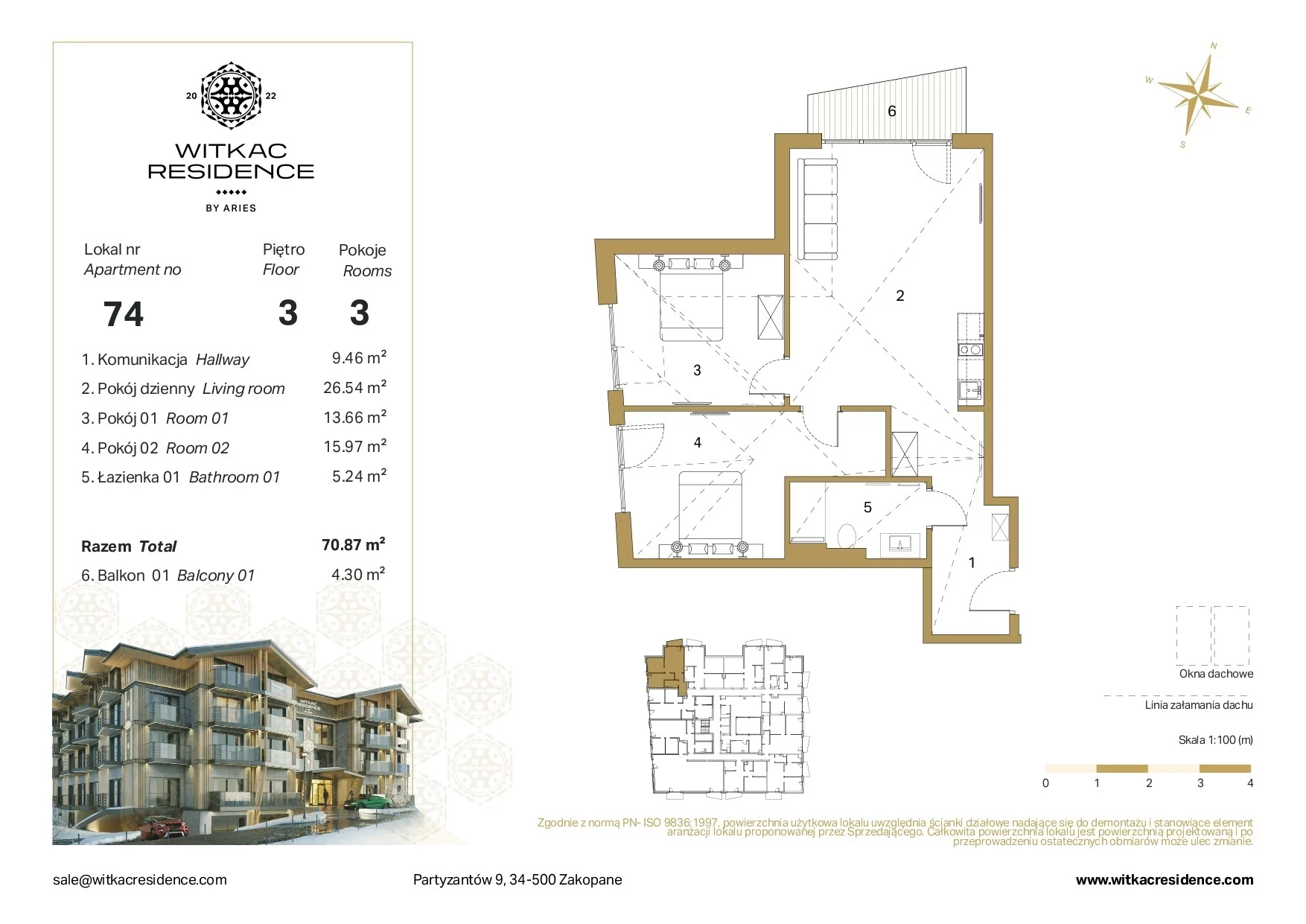 3 pokoje, apartament 69,08 m², piętro 3, oferta nr 74, Witkac Residence by Aries, Zakopane, Centrum, ul. Partyzantów 9