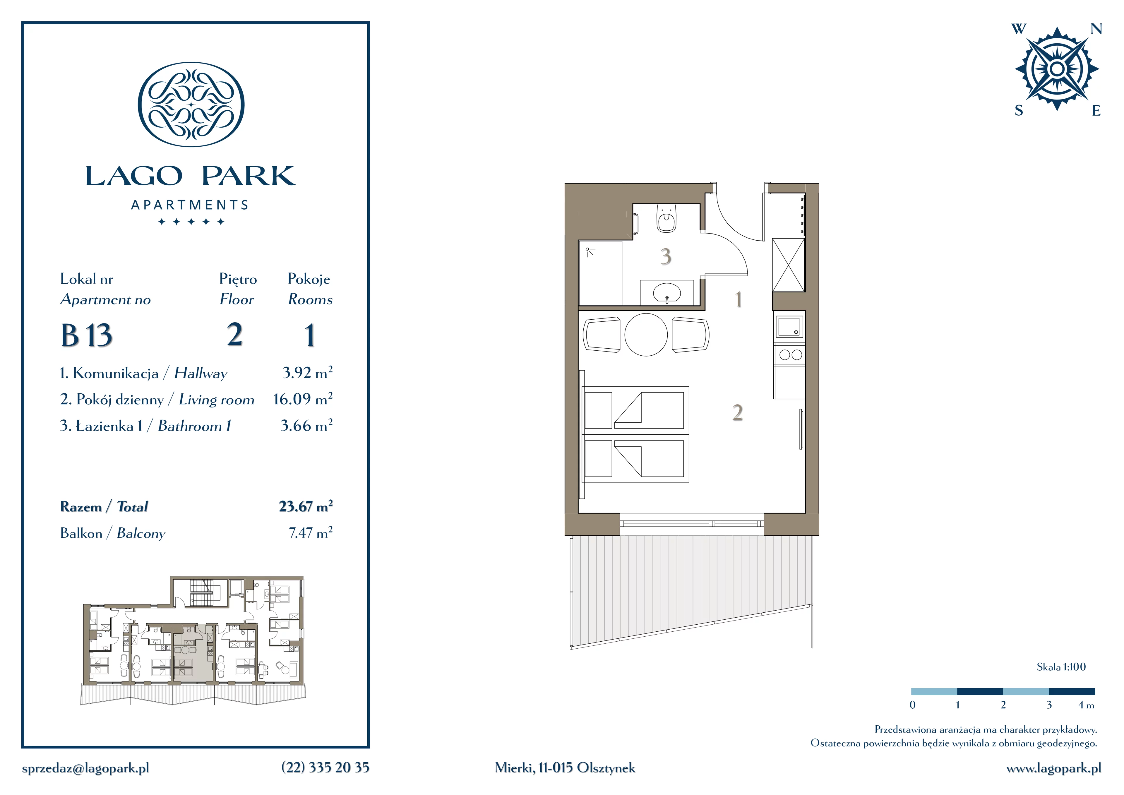 Apartament inwestycyjny 23,56 m², piętro 2, oferta nr B13, Lago Park Apartments by Aries, Mierki, Kołatek 2