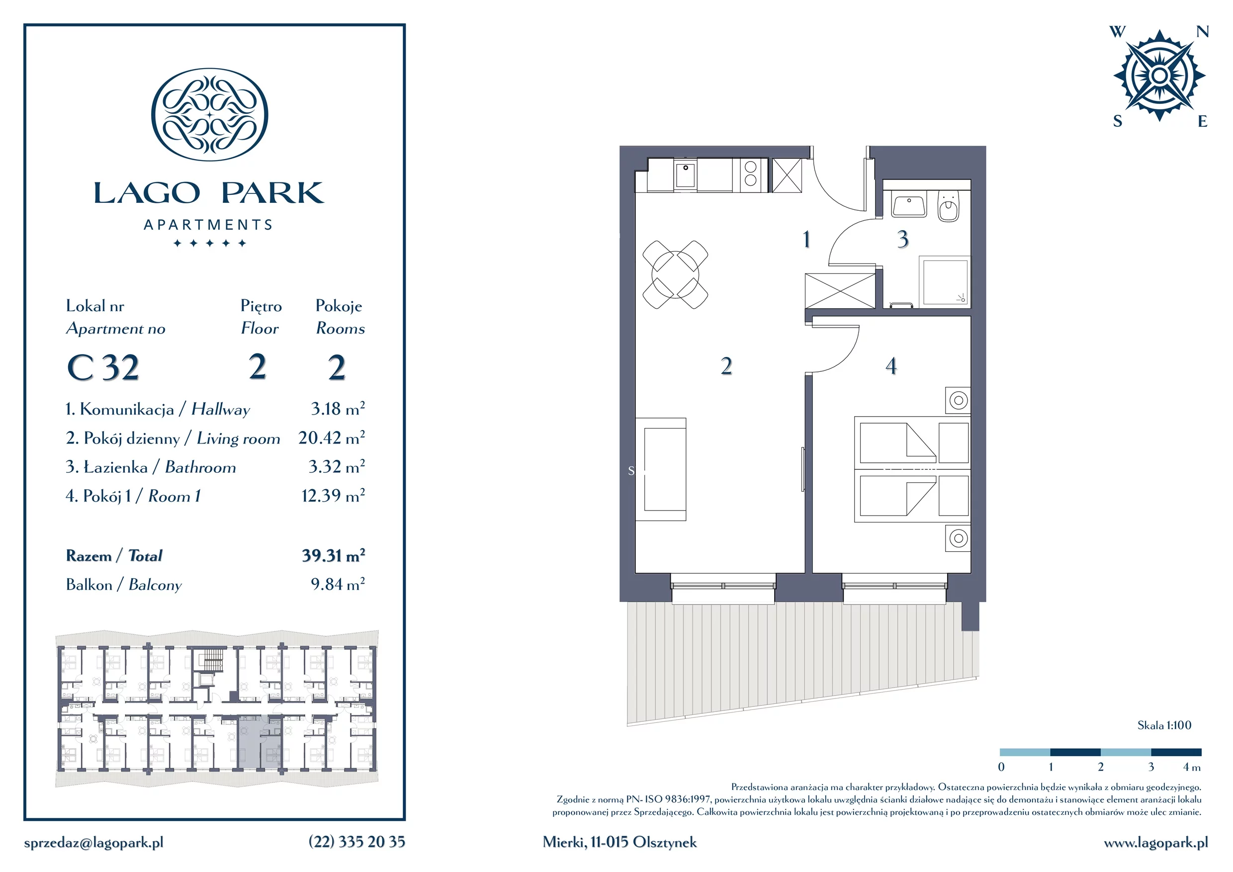 Apartament inwestycyjny 39,31 m², piętro 2, oferta nr C32, Lago Park Apartments by Aries, Mierki, Kołatek 2