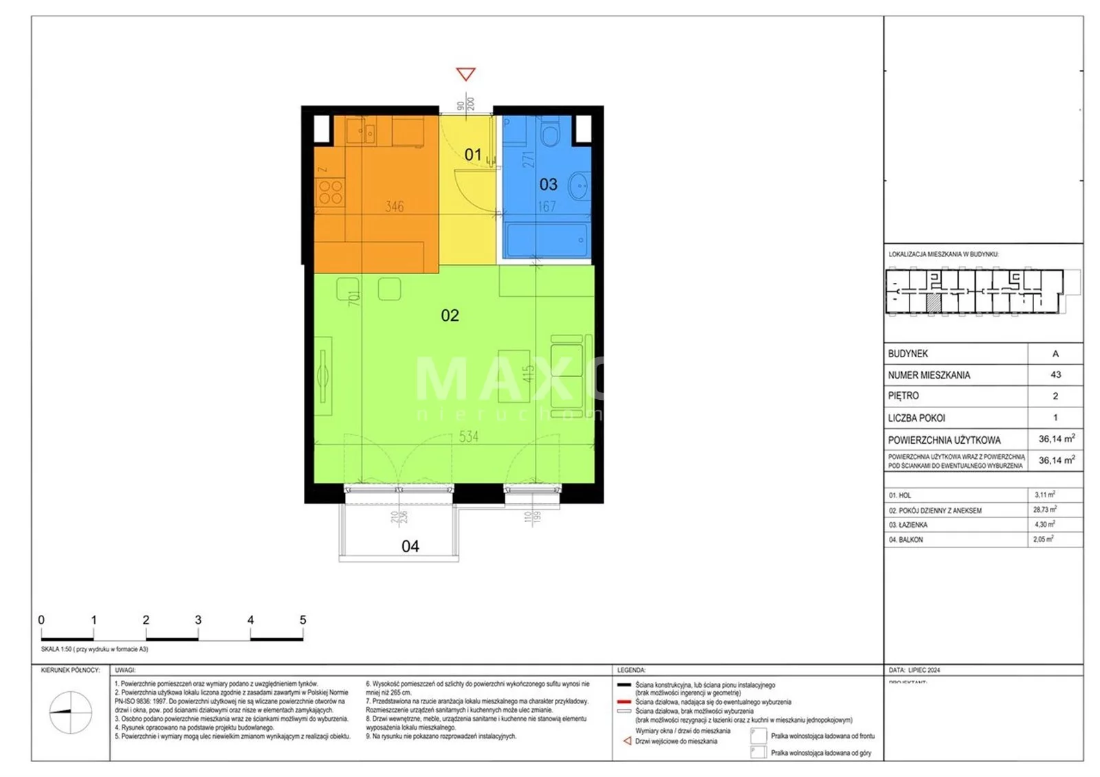 Mieszkanie na sprzedaż, 36,15 m², 1 pokój, 2 piętro, oferta nr 61594/MS/MAX