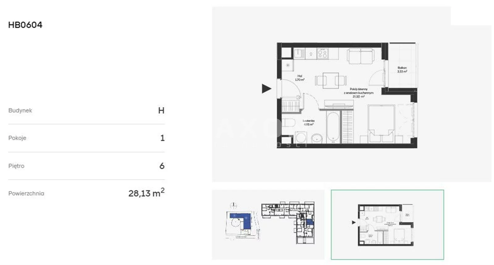 Mieszkanie na sprzedaż, 28,13 m², 1 pokój, 6 piętro, oferta nr 61635/MS/MAX