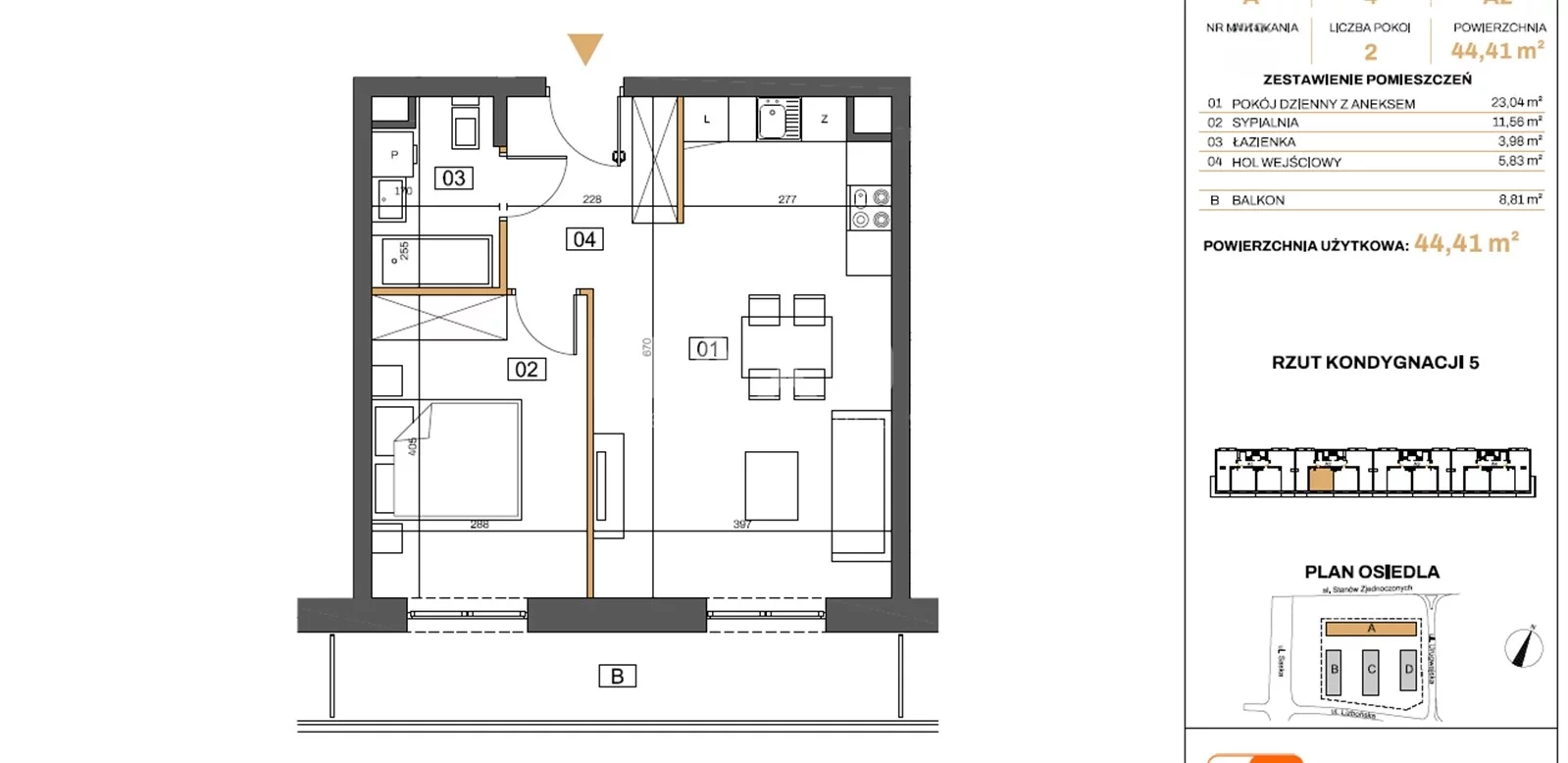 Mieszkanie na sprzedaż, 44,41 m², 2 pokoje, 4 piętro, oferta nr 60961/MS/MAX