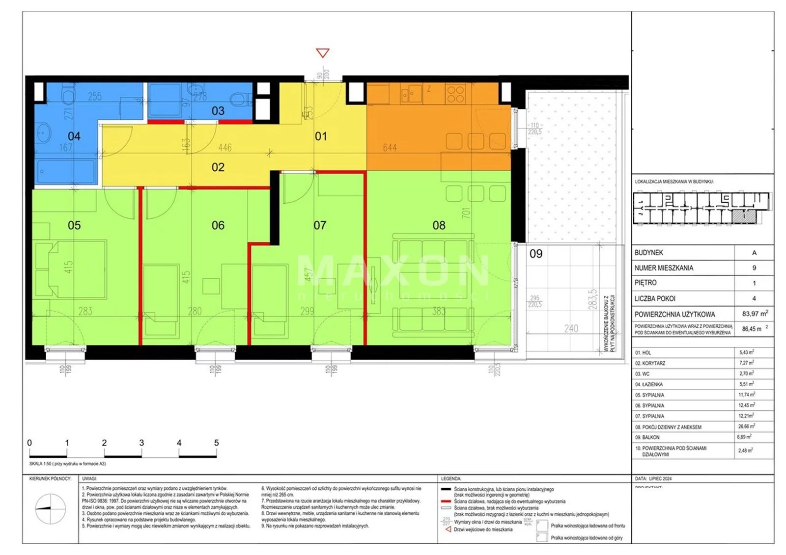 Mieszkanie na sprzedaż, 86,45 m², 4 pokoje, 1 piętro, oferta nr 61595/MS/MAX