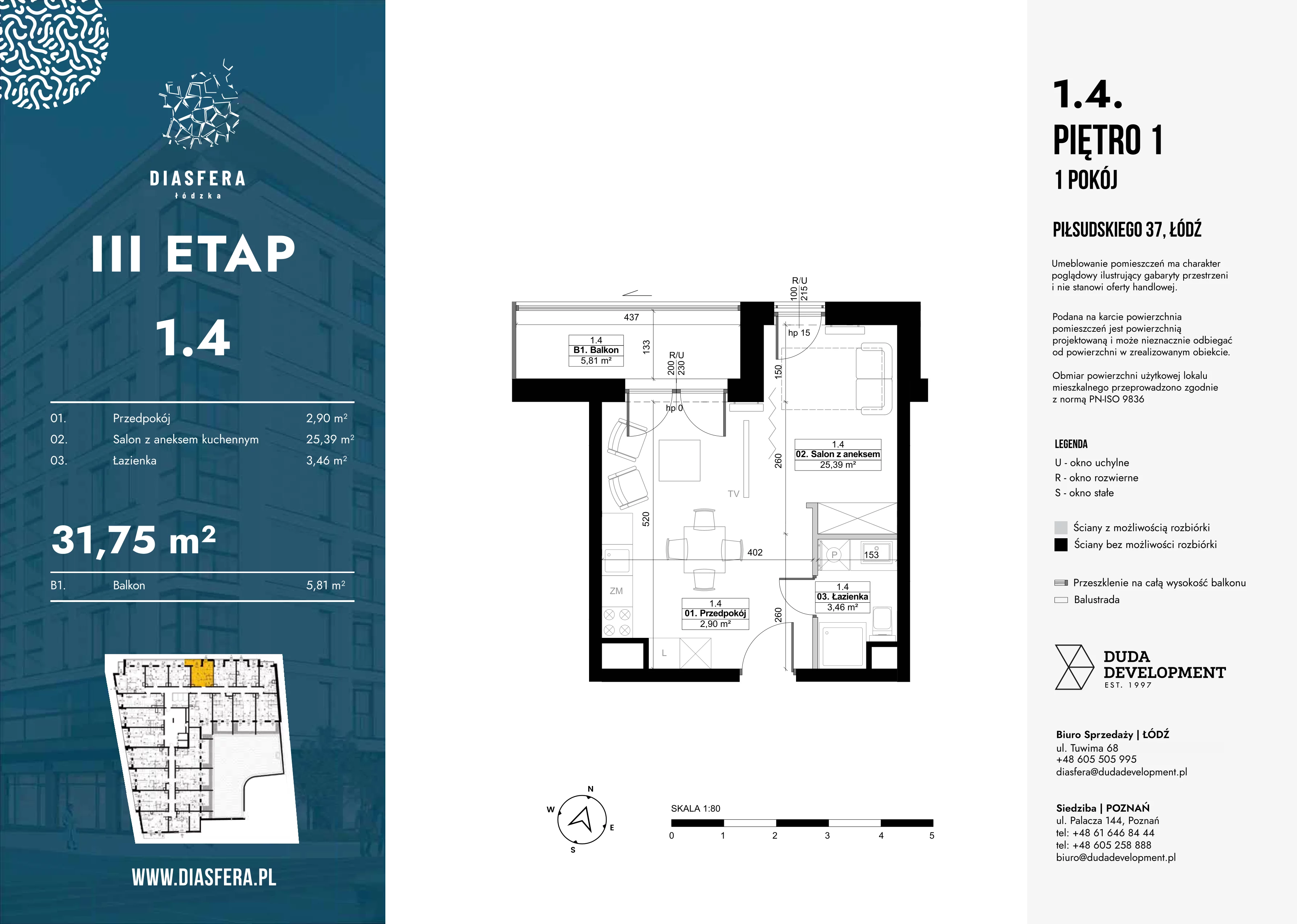 1 pokój, mieszkanie 31,75 m², piętro 1, oferta nr 1.4, Diasfera III, Łódź, Śródmieście, al. Piłsudskiego 37