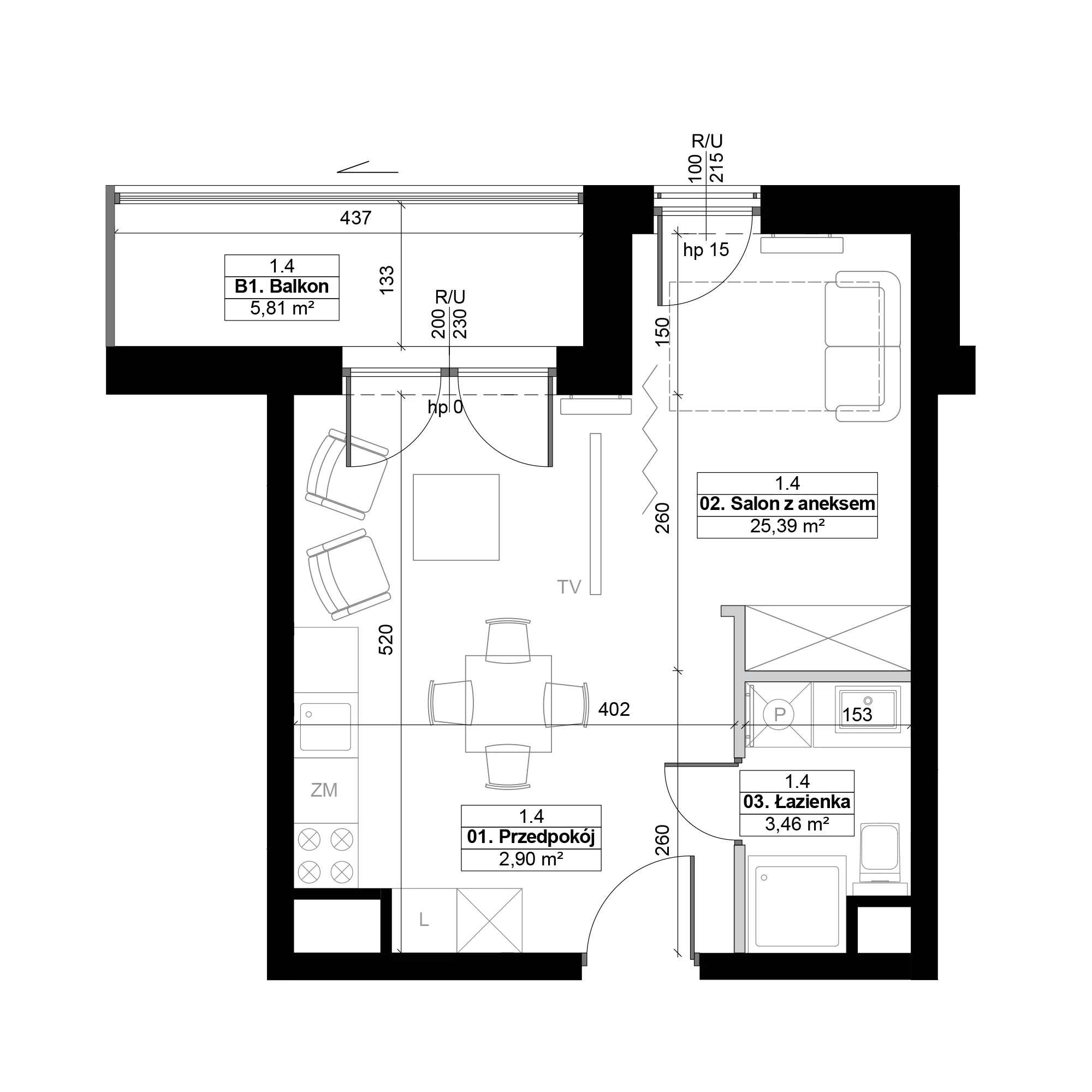 1 pokój, mieszkanie 31,75 m², piętro 1, oferta nr 1.4, Diasfera III, Łódź, Śródmieście, al. Piłsudskiego 37