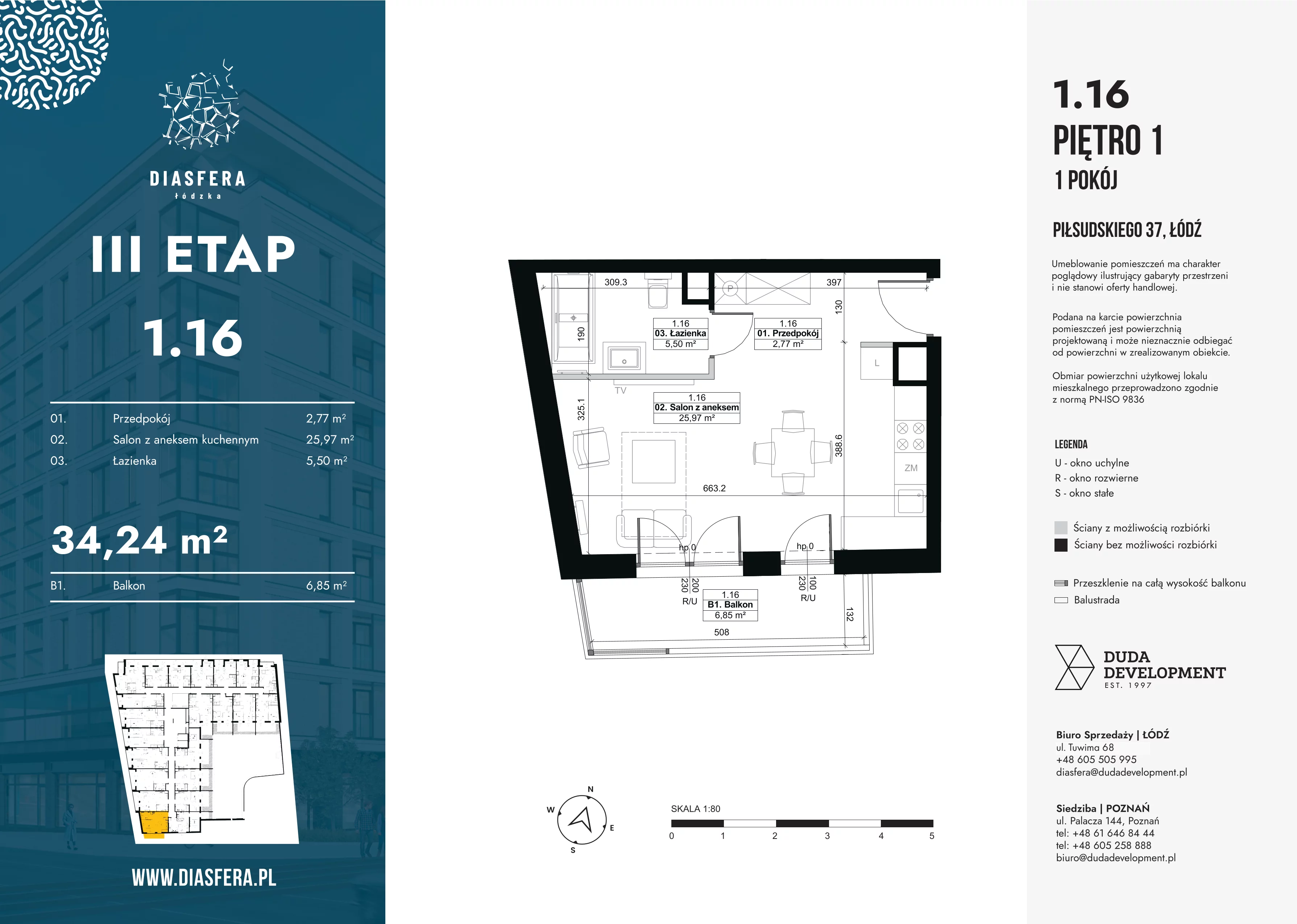 1 pokój, mieszkanie 34,24 m², piętro 1, oferta nr 1.16, Diasfera III, Łódź, Śródmieście, al. Piłsudskiego 37