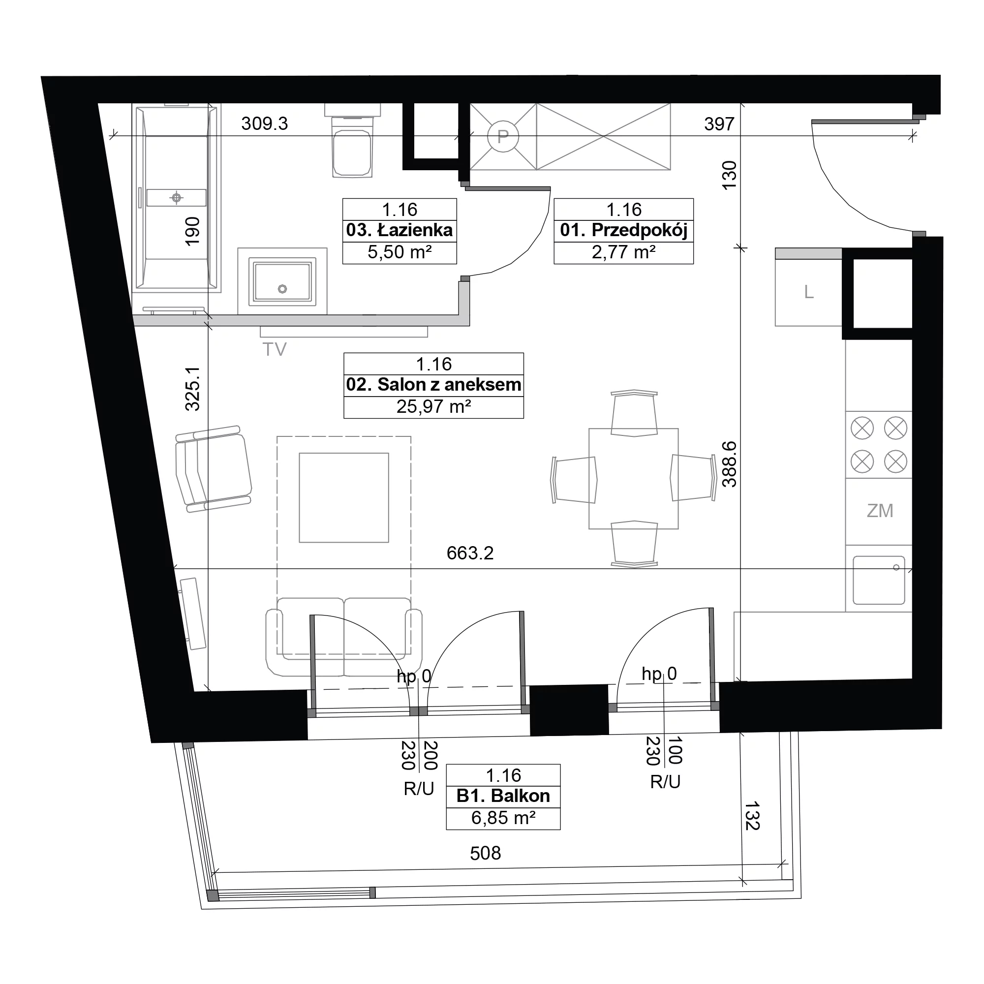 1 pokój, mieszkanie 34,24 m², piętro 1, oferta nr 1.16, Diasfera III, Łódź, Śródmieście, al. Piłsudskiego 37