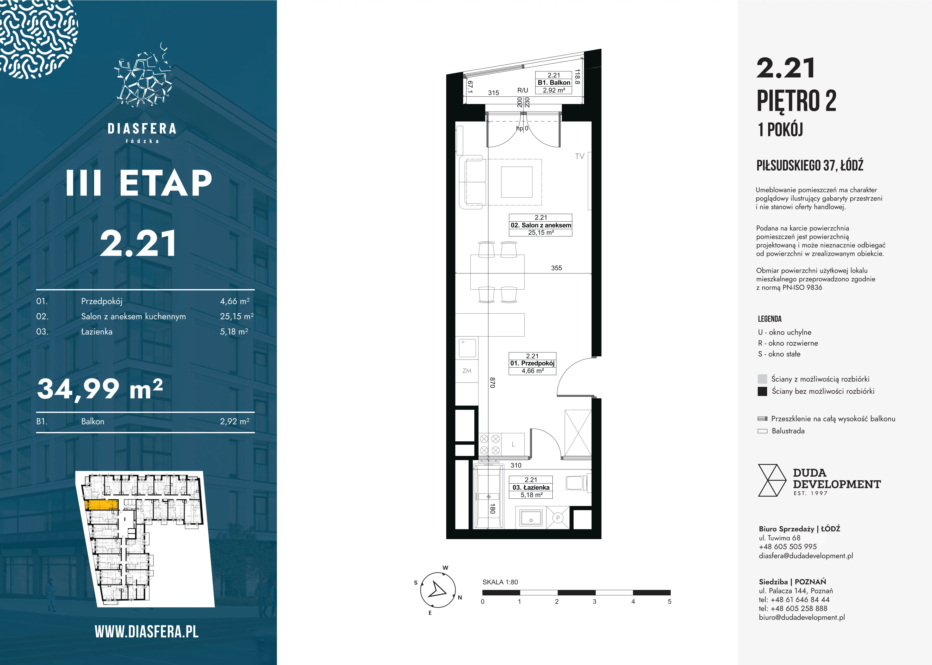 1 pokój, mieszkanie 34,99 m², piętro 2, oferta nr 2.21, Diasfera III, Łódź, Śródmieście, al. Piłsudskiego 37