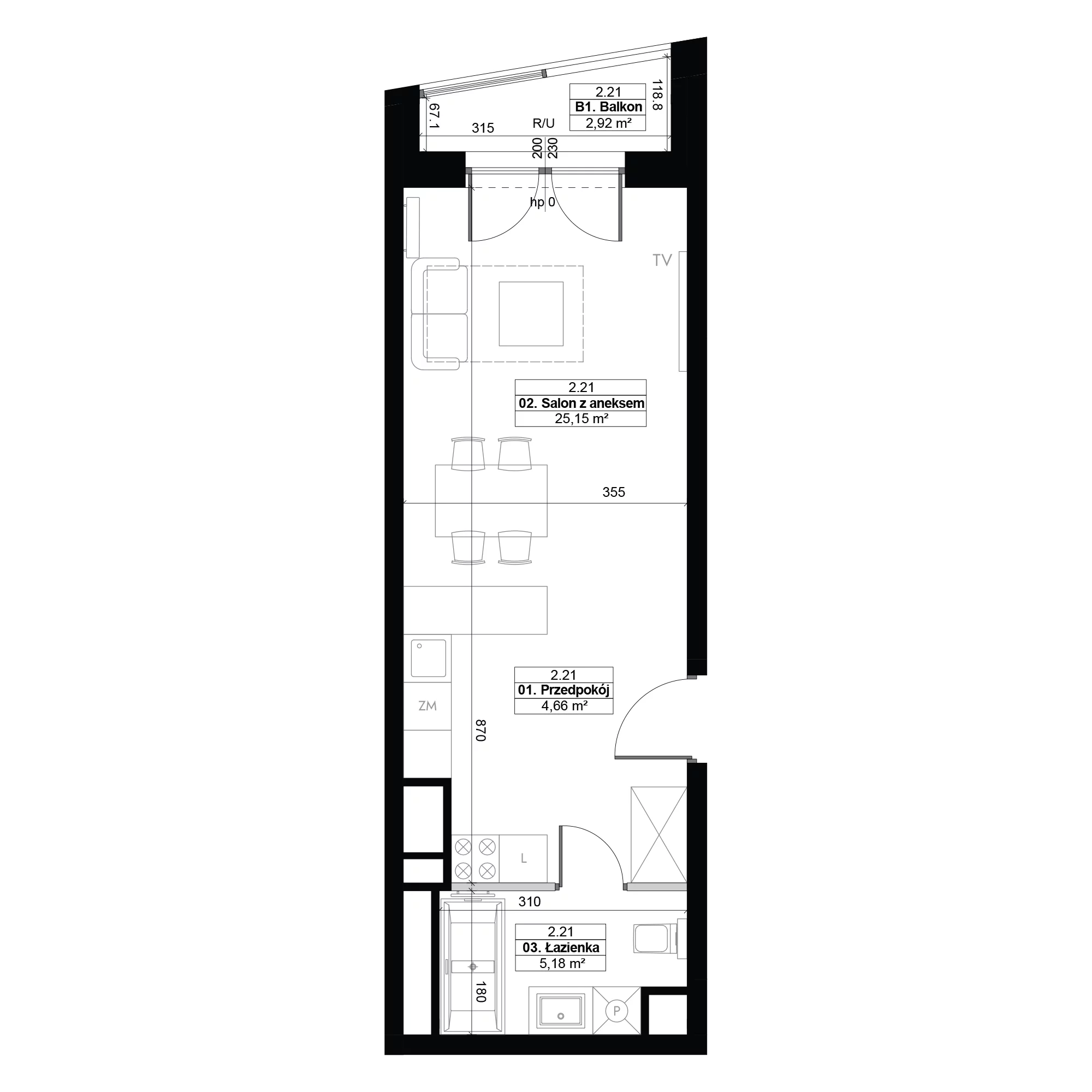 1 pokój, mieszkanie 34,99 m², piętro 2, oferta nr 2.21, Diasfera III, Łódź, Śródmieście, al. Piłsudskiego 37