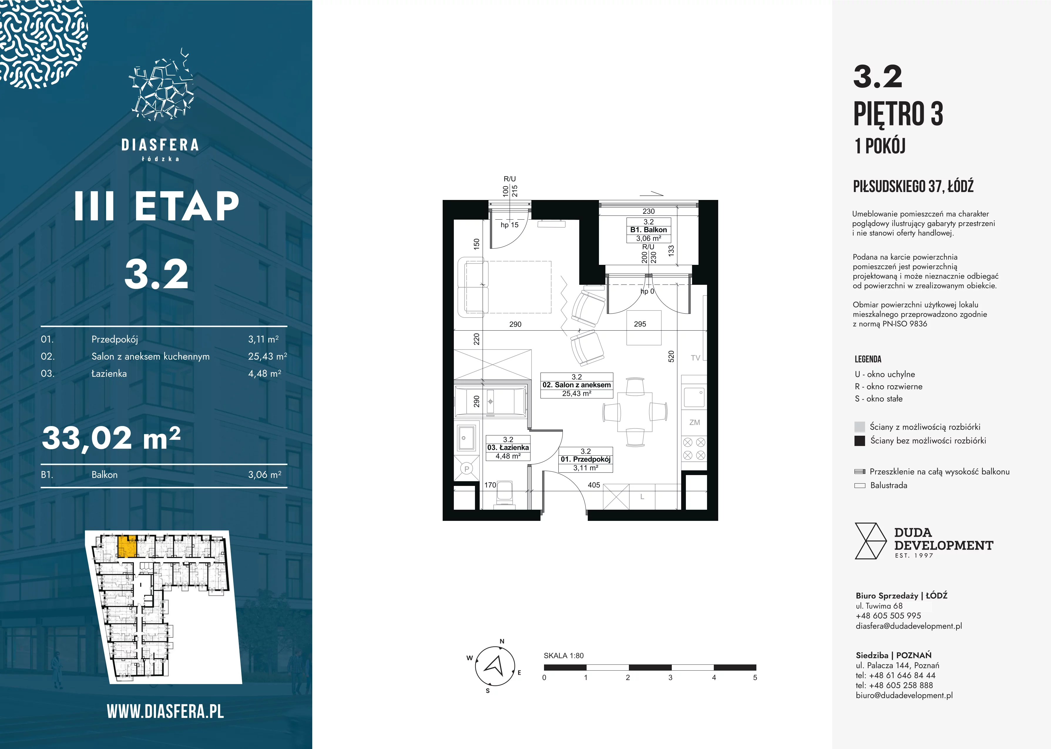 1 pokój, mieszkanie 33,02 m², piętro 3, oferta nr 3.2, Diasfera III, Łódź, Śródmieście, al. Piłsudskiego 37