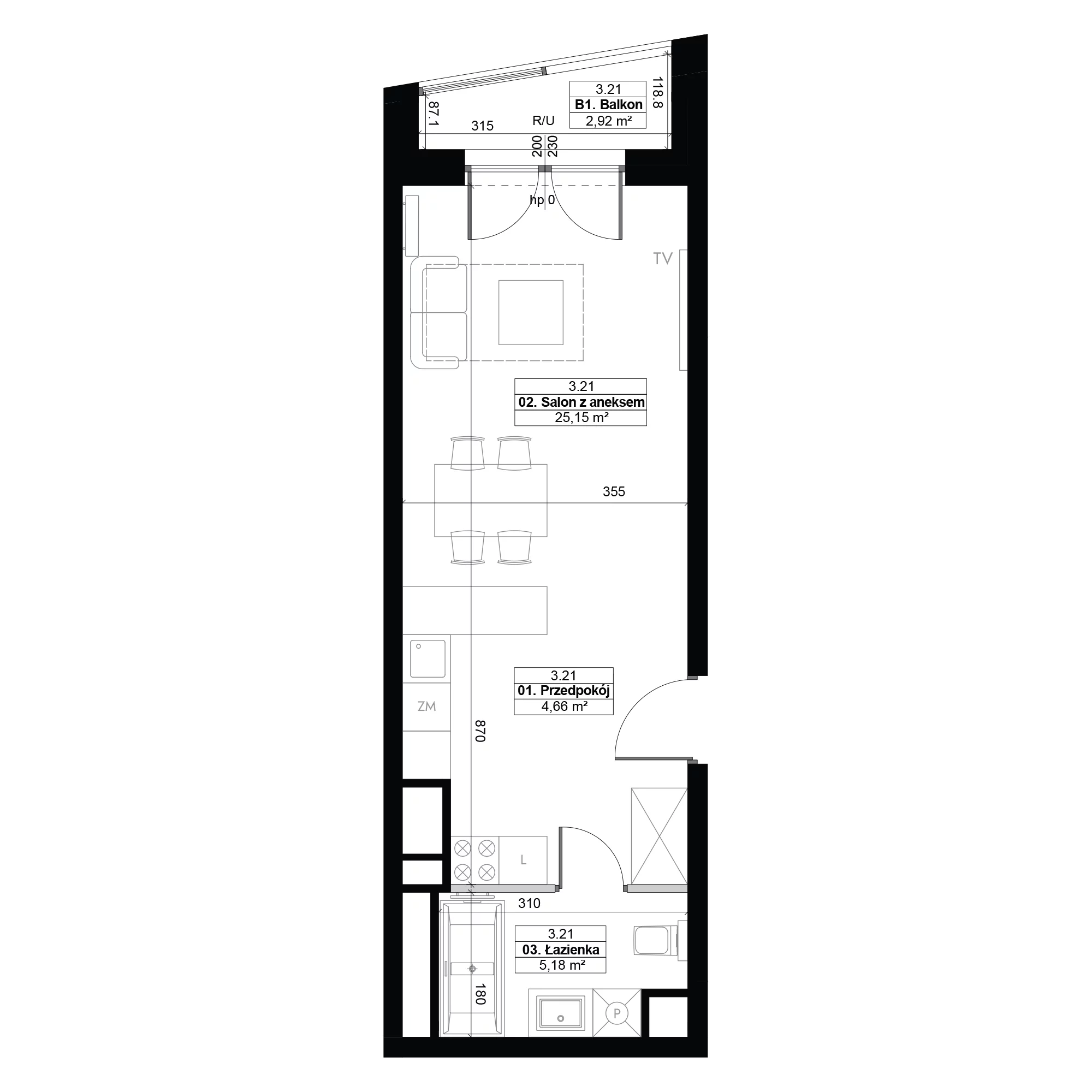 1 pokój, mieszkanie 34,99 m², piętro 3, oferta nr 3.21, Diasfera III, Łódź, Śródmieście, al. Piłsudskiego 37