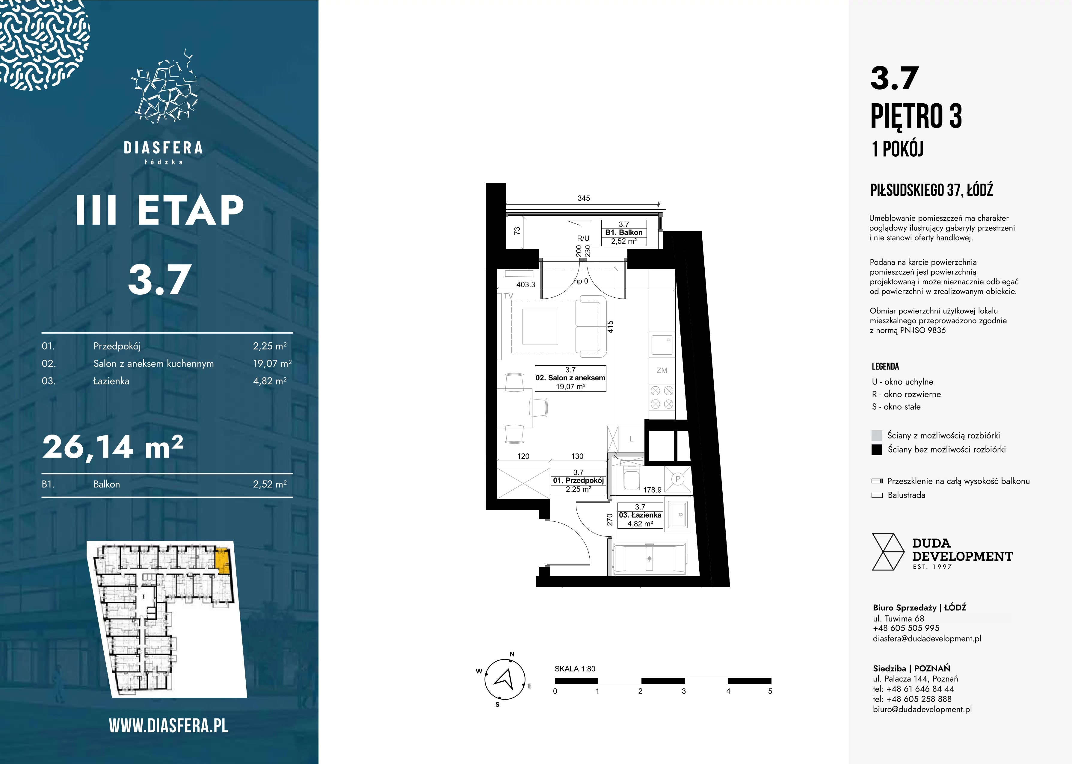 1 pokój, mieszkanie 26,14 m², piętro 3, oferta nr 3.7, Diasfera III, Łódź, Śródmieście, al. Piłsudskiego 37