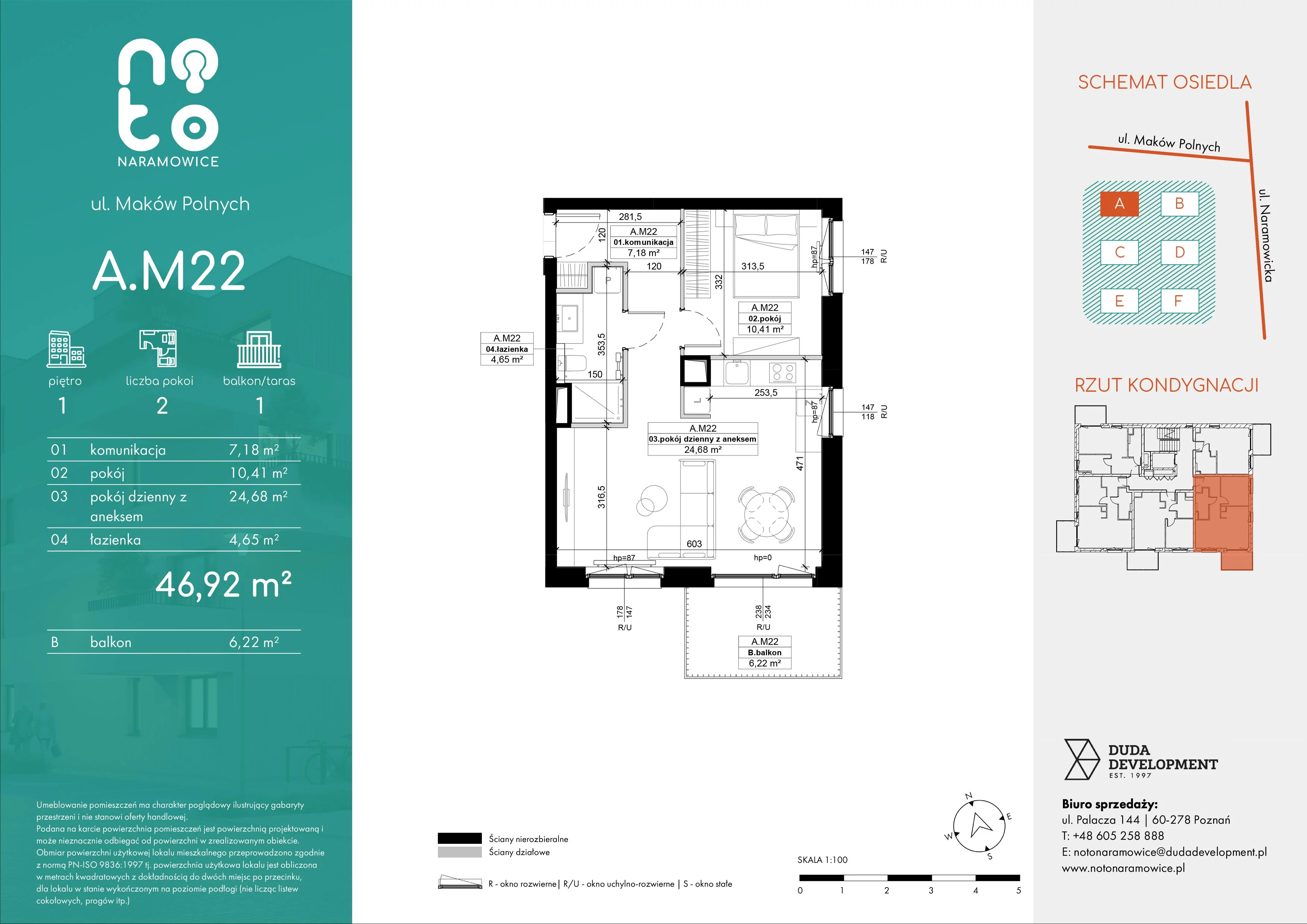 2 pokoje, mieszkanie 46,92 m², piętro 1, oferta nr A.M22, No to Naramowice, Poznań, Naramowice, Naramowice, ul. Maków Polnych