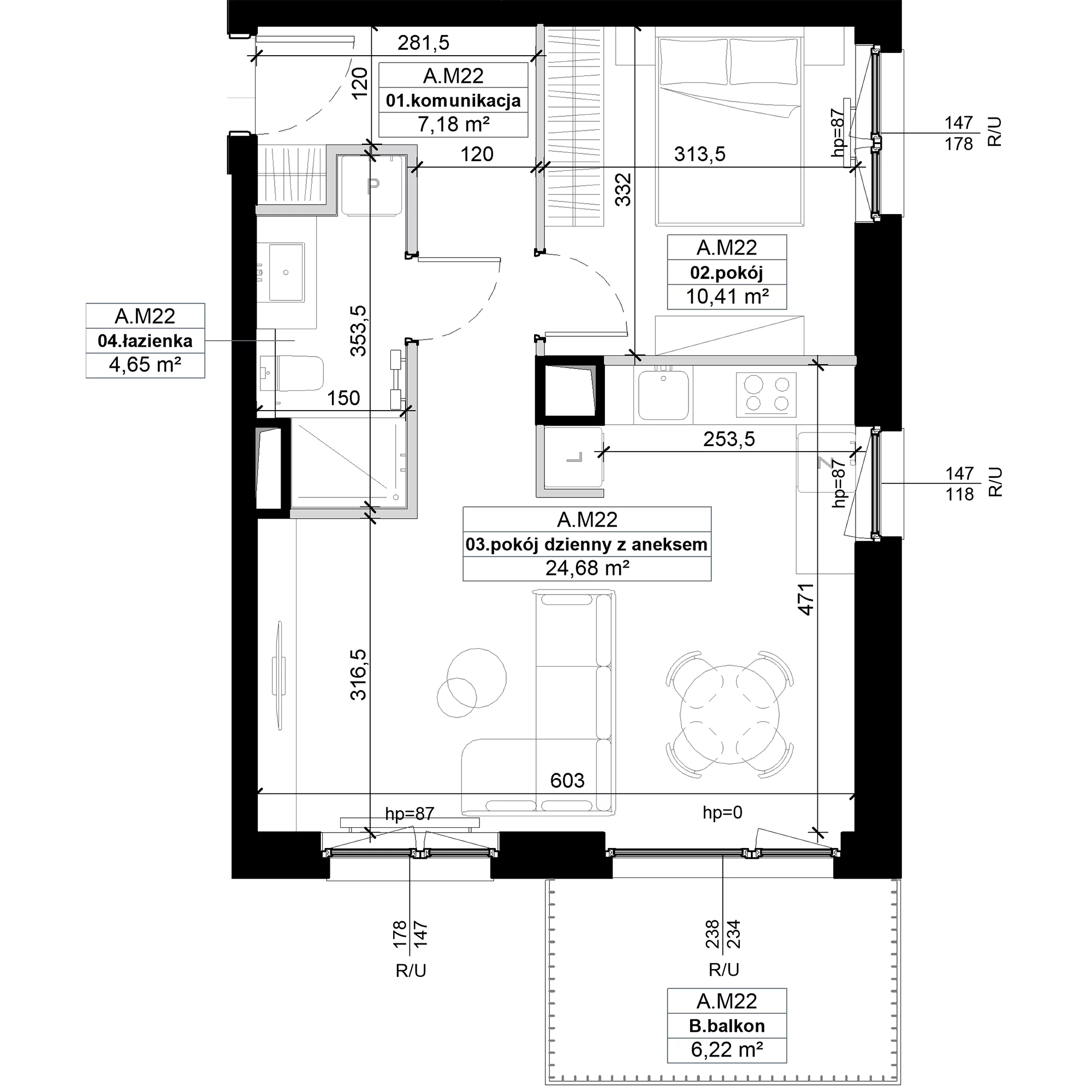 2 pokoje, mieszkanie 46,92 m², piętro 1, oferta nr A.M22, No to Naramowice, Poznań, Naramowice, Naramowice, ul. Maków Polnych
