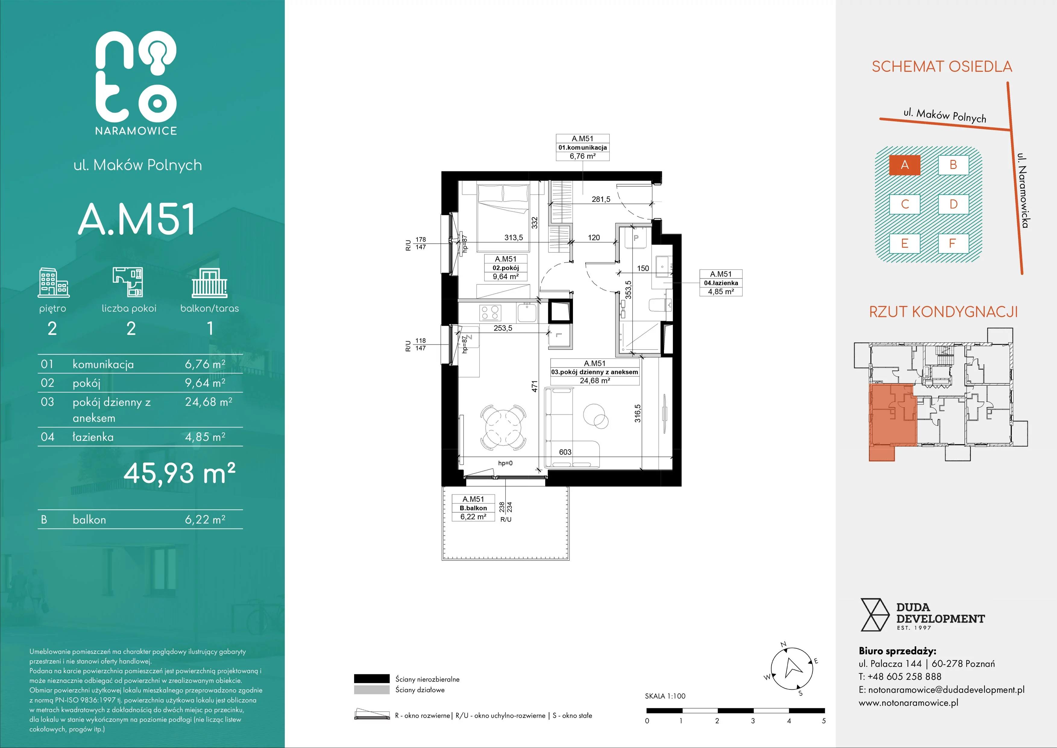 2 pokoje, mieszkanie 45,93 m², piętro 2, oferta nr A.M51, No to Naramowice, Poznań, Naramowice, Naramowice, ul. Maków Polnych