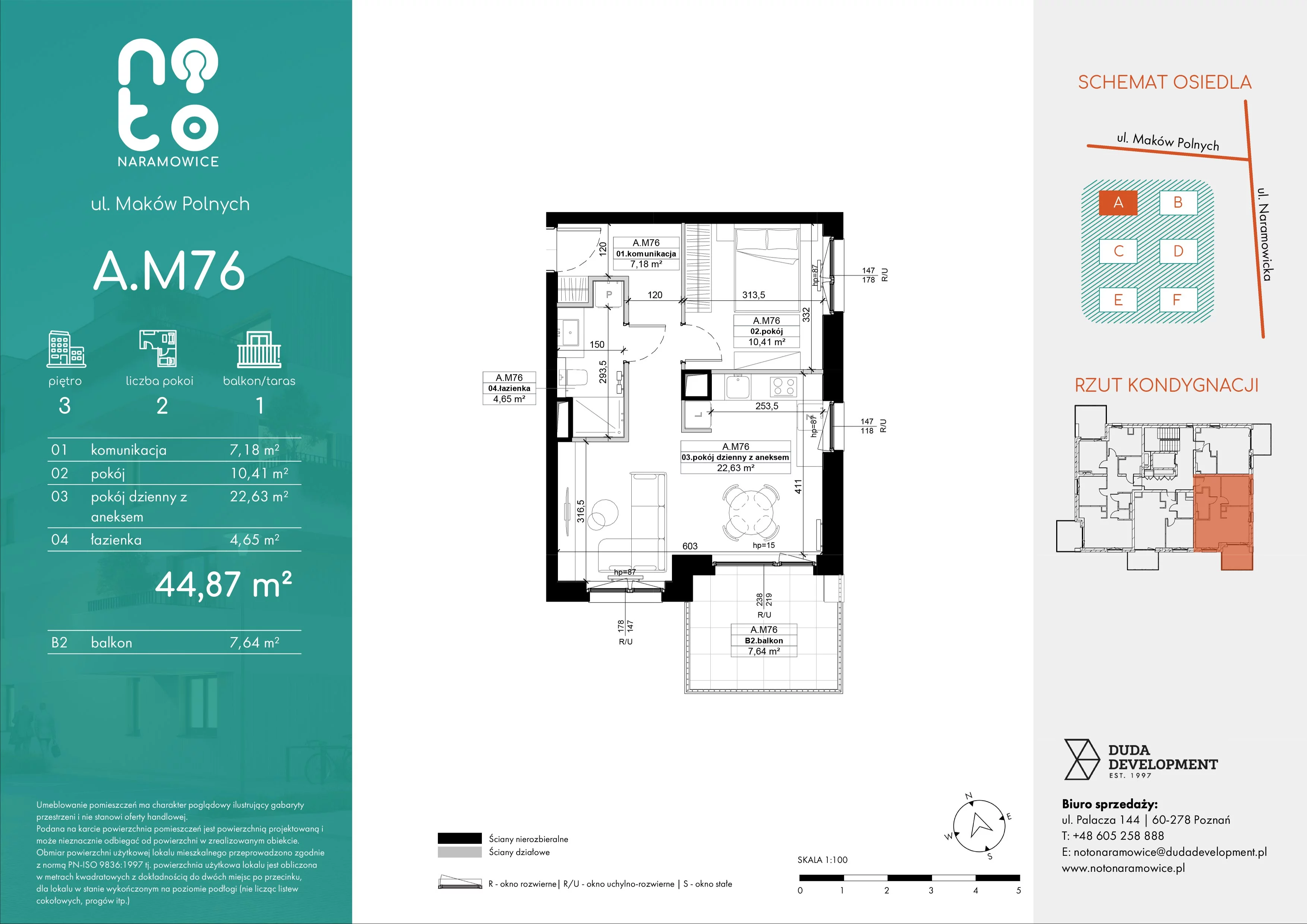 2 pokoje, mieszkanie 44,87 m², piętro 3, oferta nr A.M76, No to Naramowice, Poznań, Naramowice, Naramowice, ul. Maków Polnych