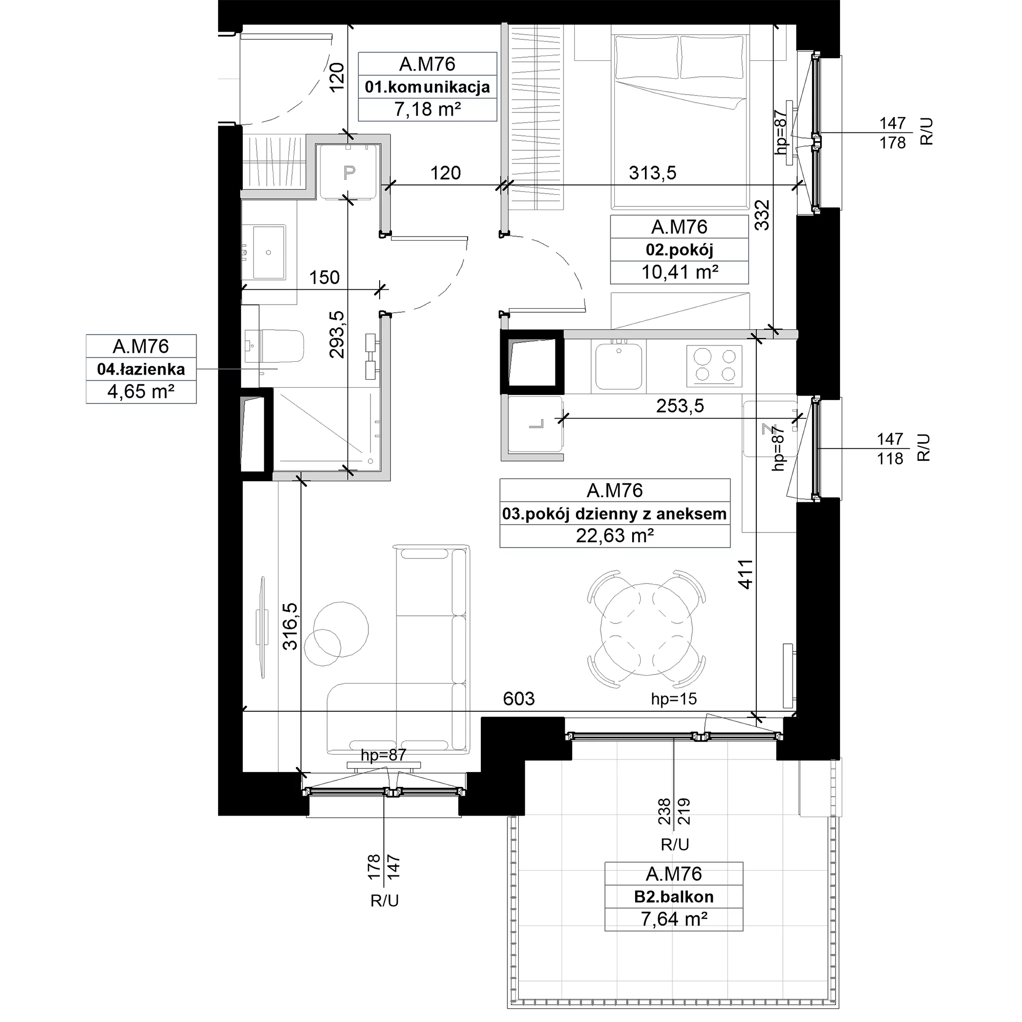 2 pokoje, mieszkanie 44,87 m², piętro 3, oferta nr A.M76, No to Naramowice, Poznań, Naramowice, Naramowice, ul. Maków Polnych