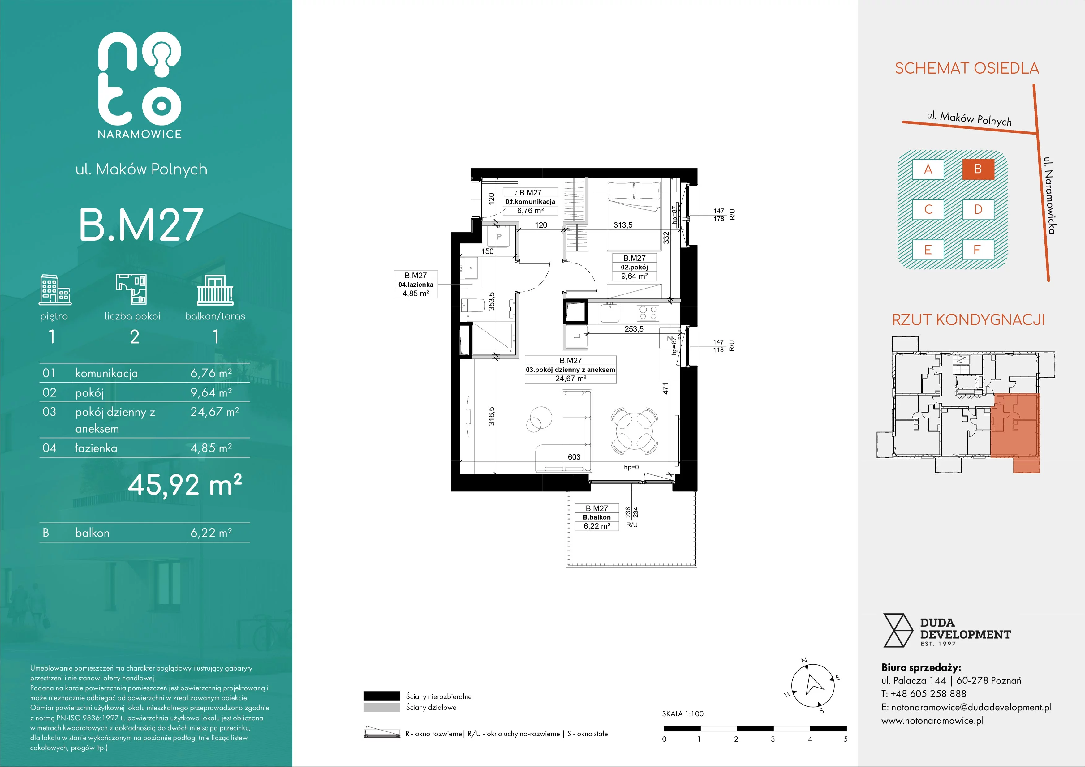 2 pokoje, mieszkanie 45,92 m², piętro 1, oferta nr B.M27, No to Naramowice, Poznań, Naramowice, Naramowice, ul. Maków Polnych