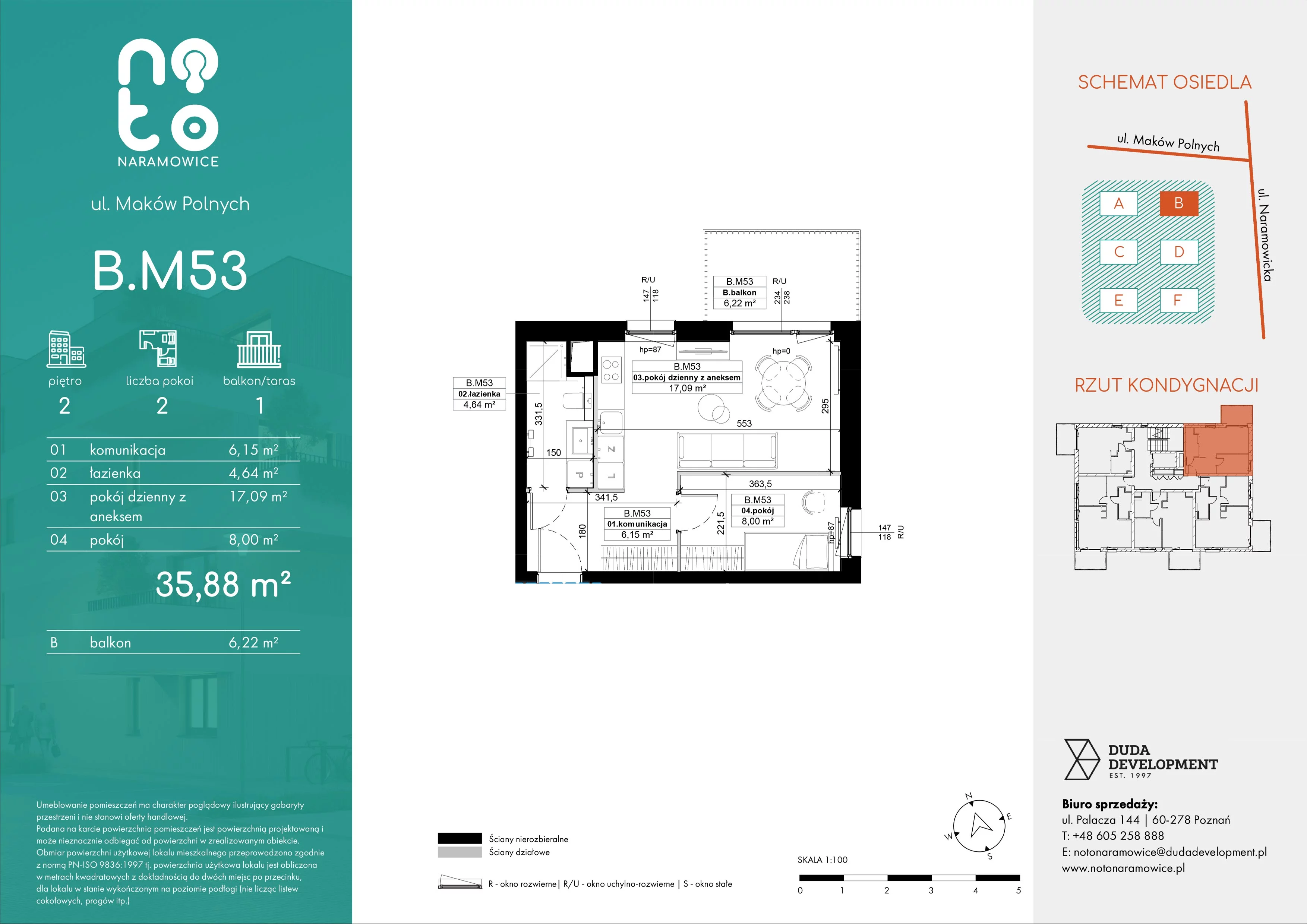 2 pokoje, mieszkanie 35,88 m², piętro 2, oferta nr B.M53, No to Naramowice, Poznań, Naramowice, Naramowice, ul. Maków Polnych