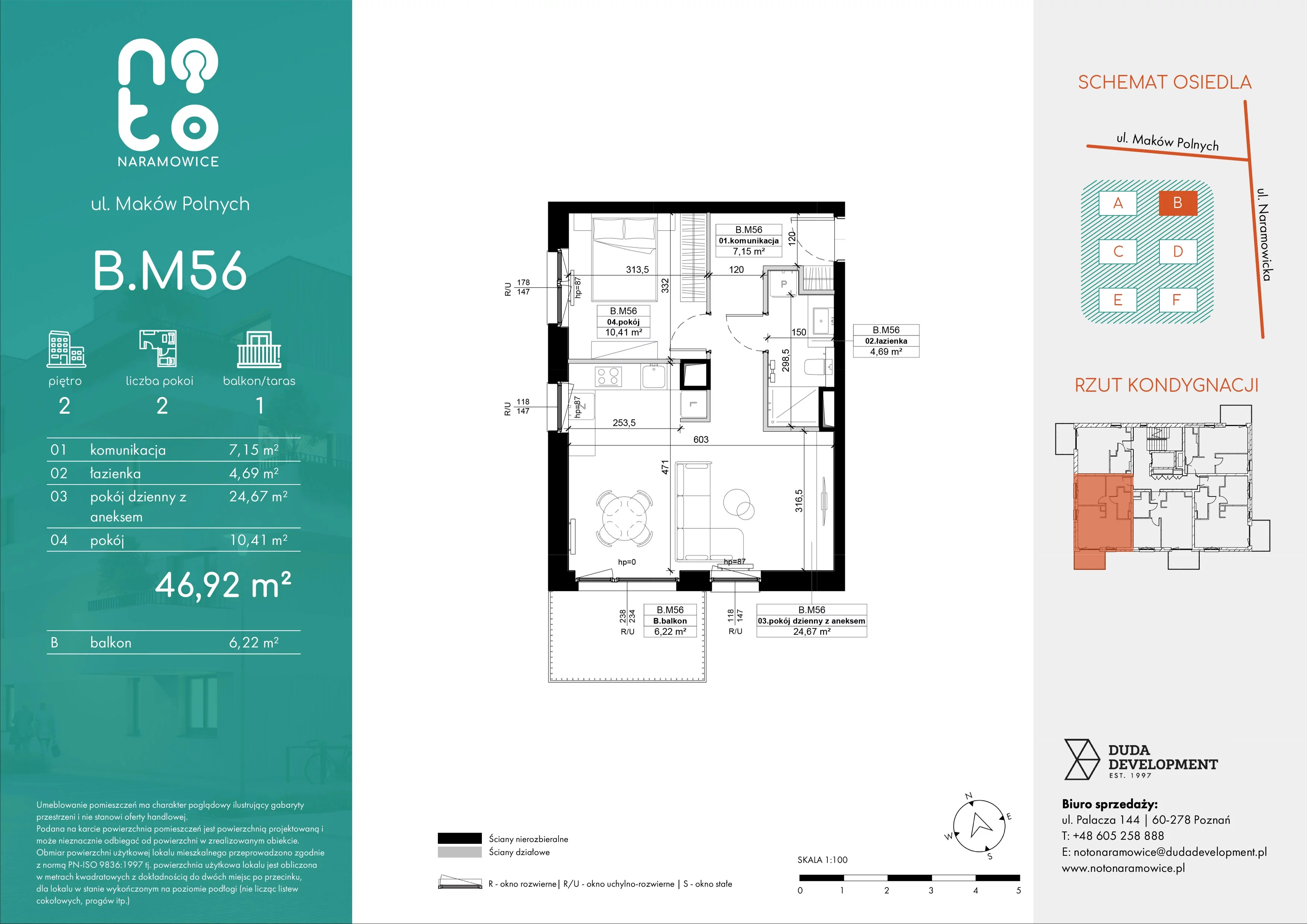 2 pokoje, mieszkanie 46,92 m², piętro 2, oferta nr B.M56, No to Naramowice, Poznań, Naramowice, Naramowice, ul. Maków Polnych