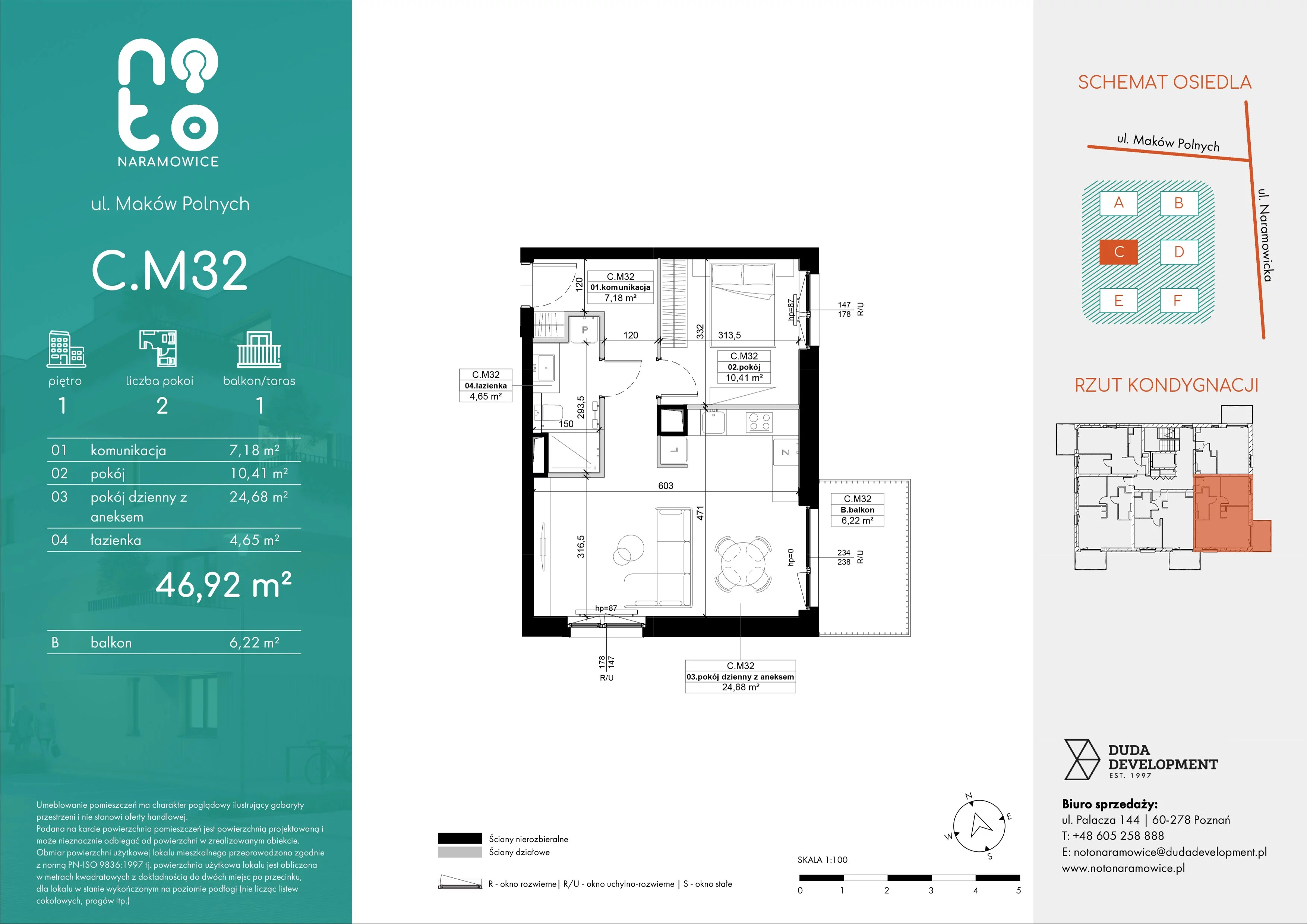2 pokoje, mieszkanie 46,92 m², piętro 1, oferta nr C.M32, No to Naramowice, Poznań, Naramowice, Naramowice, ul. Maków Polnych