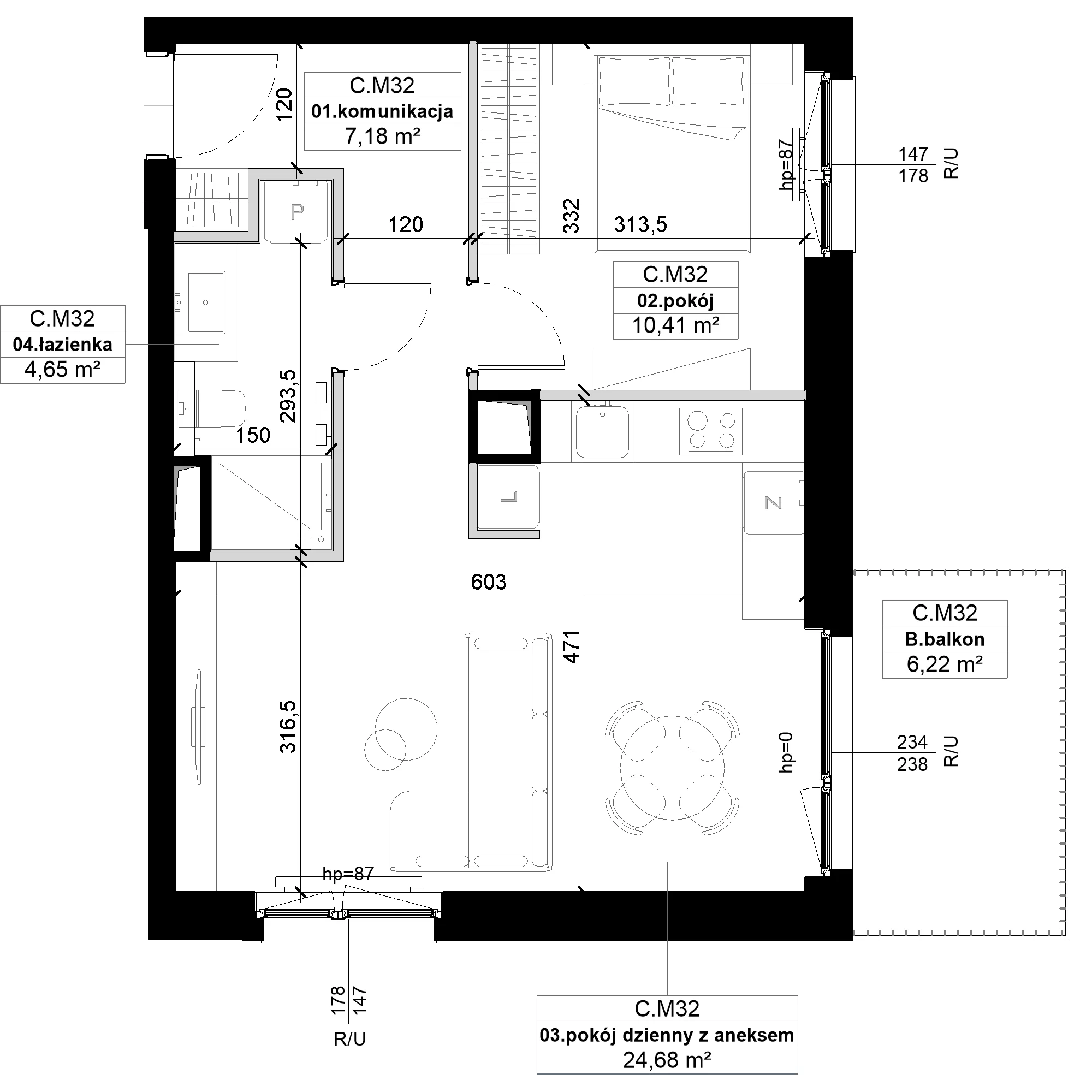 2 pokoje, mieszkanie 46,92 m², piętro 1, oferta nr C.M32, No to Naramowice, Poznań, Naramowice, Naramowice, ul. Maków Polnych
