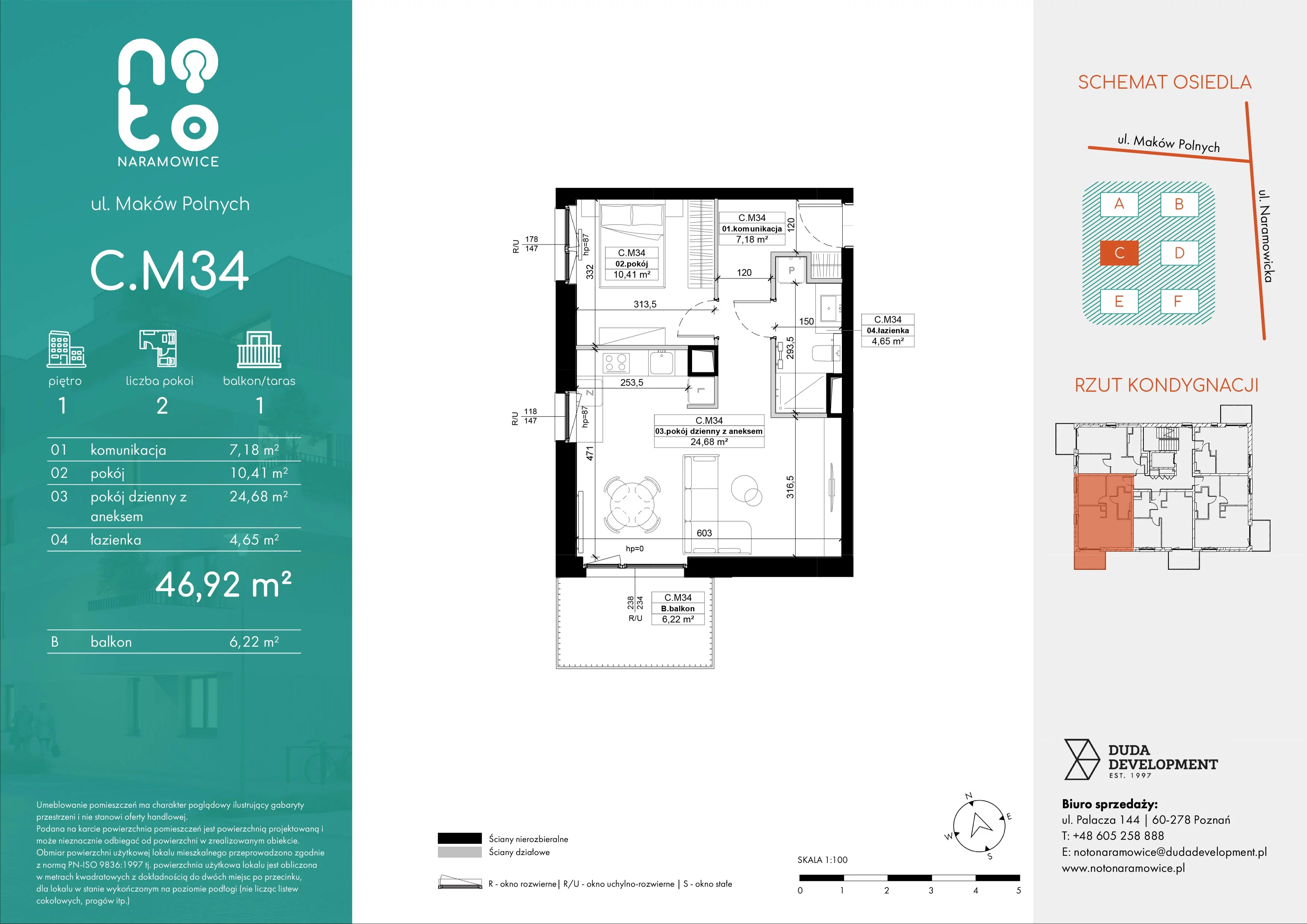 2 pokoje, mieszkanie 46,92 m², piętro 1, oferta nr C.M34, No to Naramowice, Poznań, Naramowice, Naramowice, ul. Maków Polnych