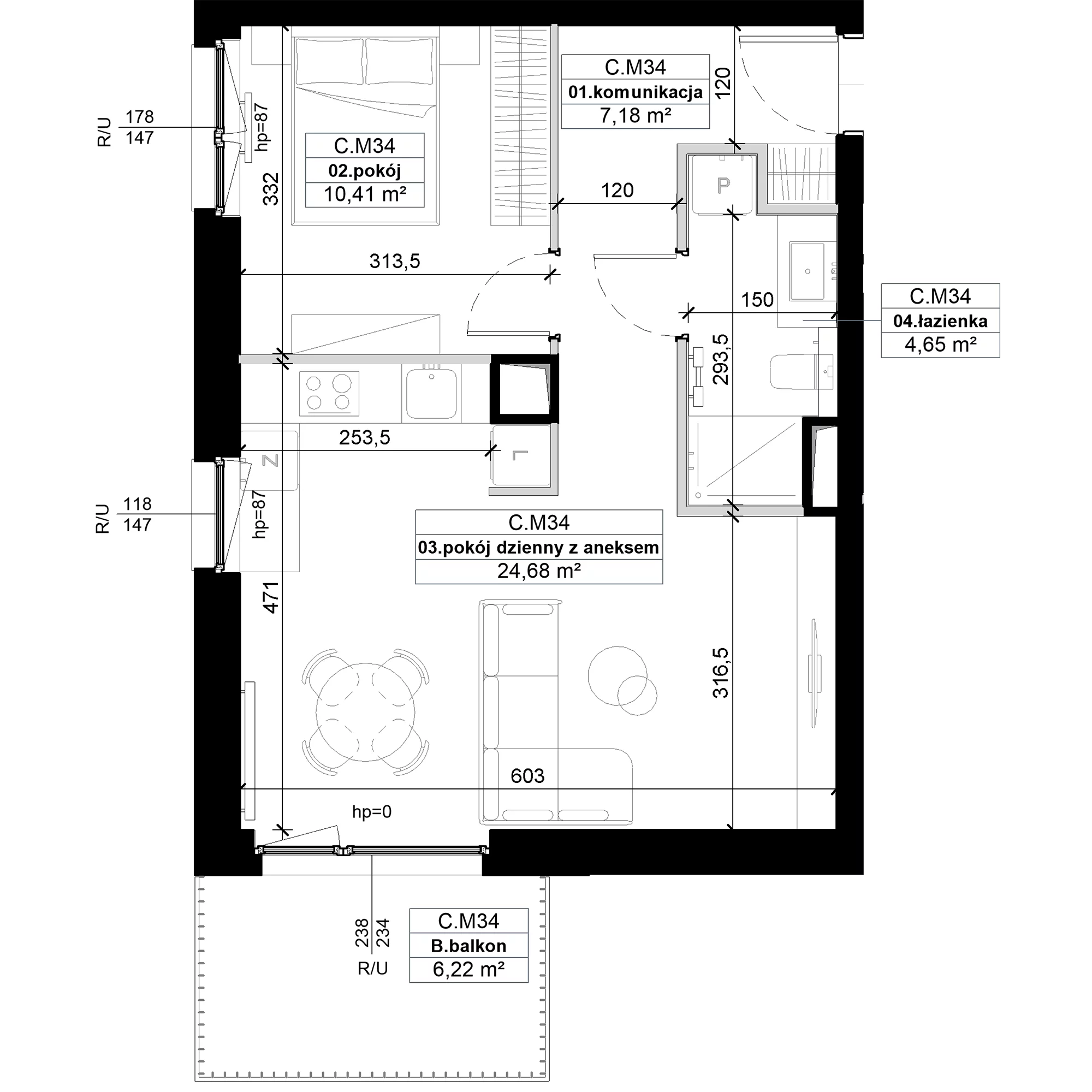 2 pokoje, mieszkanie 46,92 m², piętro 1, oferta nr C.M34, No to Naramowice, Poznań, Naramowice, Naramowice, ul. Maków Polnych