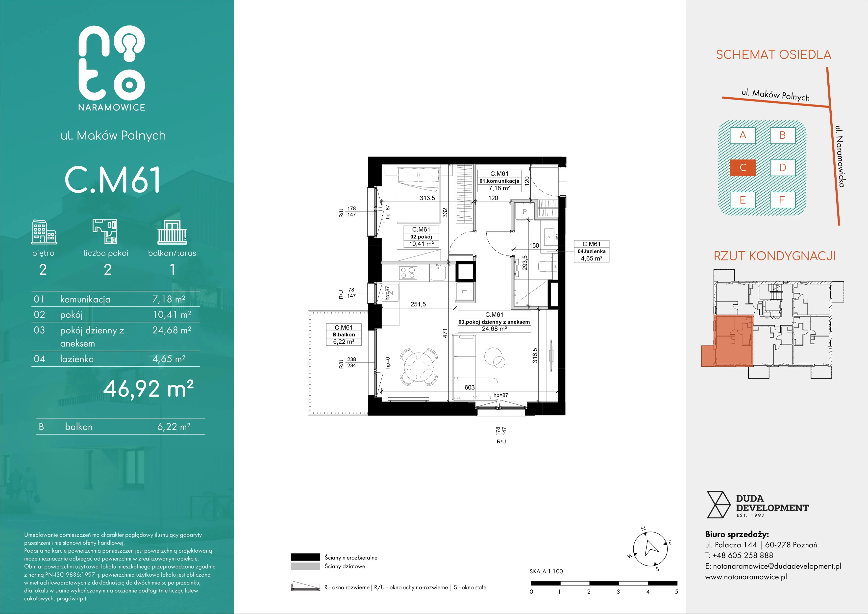 2 pokoje, mieszkanie 46,92 m², piętro 2, oferta nr C.M61, No to Naramowice, Poznań, Naramowice, Naramowice, ul. Maków Polnych