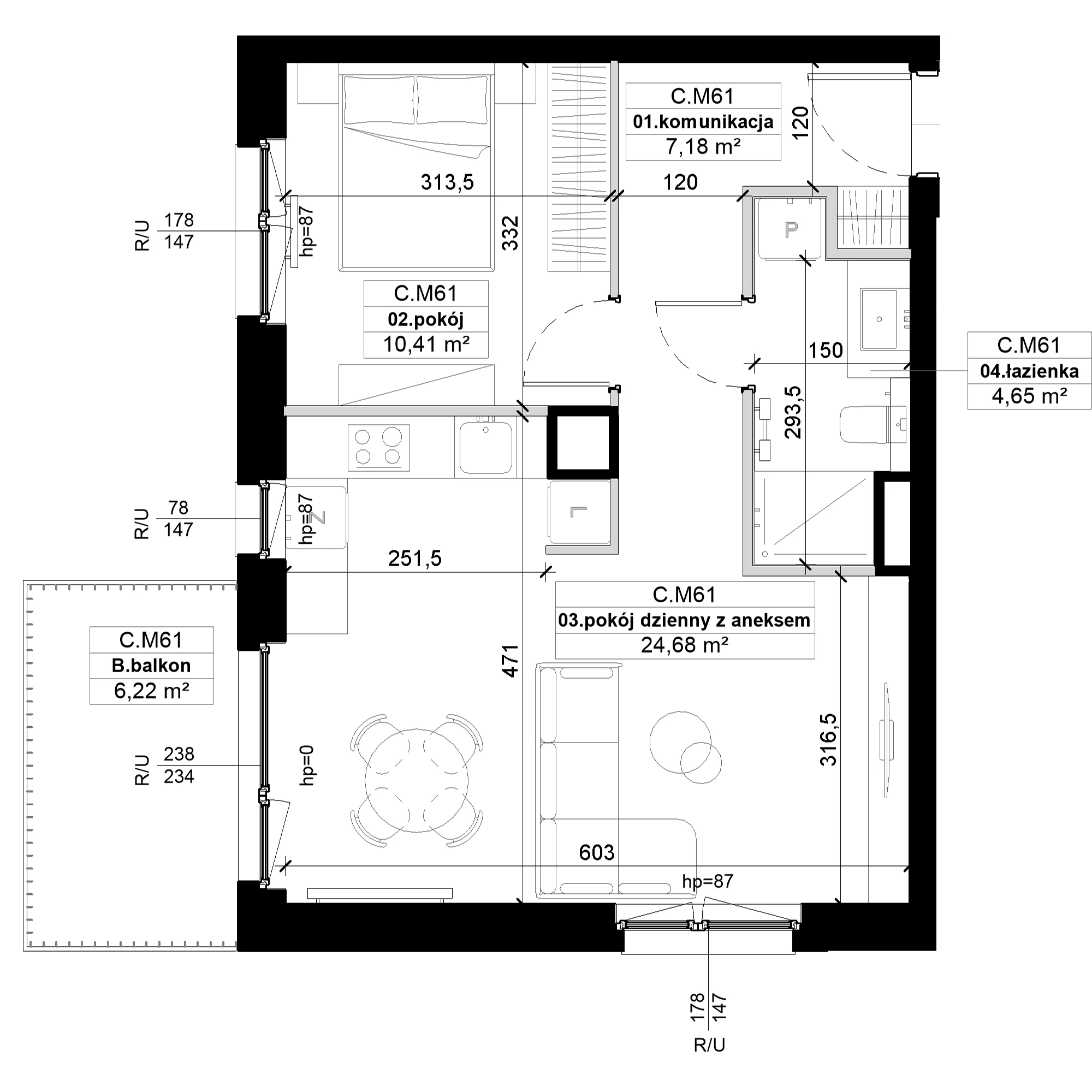 2 pokoje, mieszkanie 46,92 m², piętro 2, oferta nr C.M61, No to Naramowice, Poznań, Naramowice, Naramowice, ul. Maków Polnych