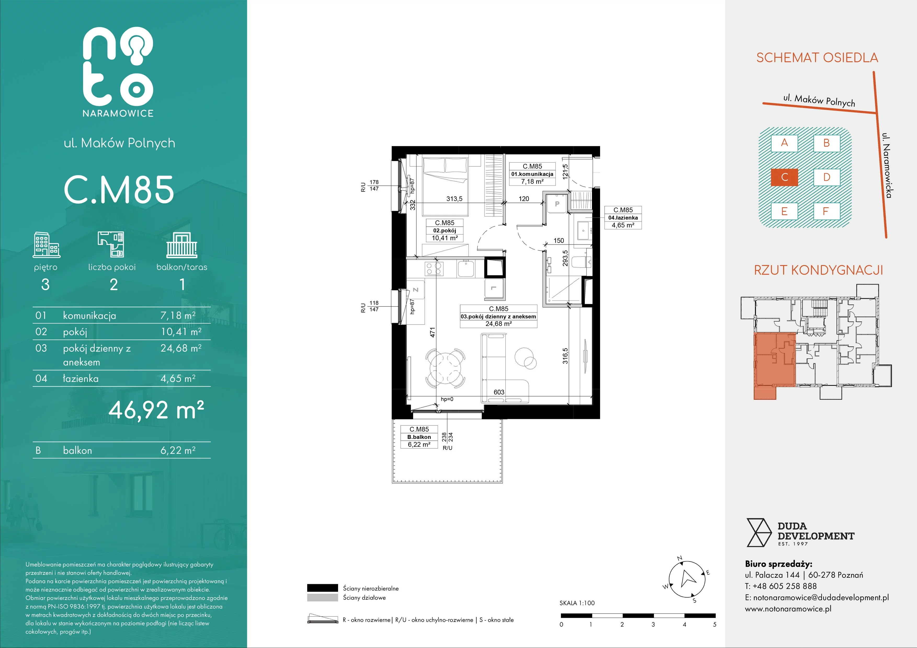 2 pokoje, mieszkanie 46,92 m², piętro 3, oferta nr C.M85, No to Naramowice, Poznań, Naramowice, Naramowice, ul. Maków Polnych