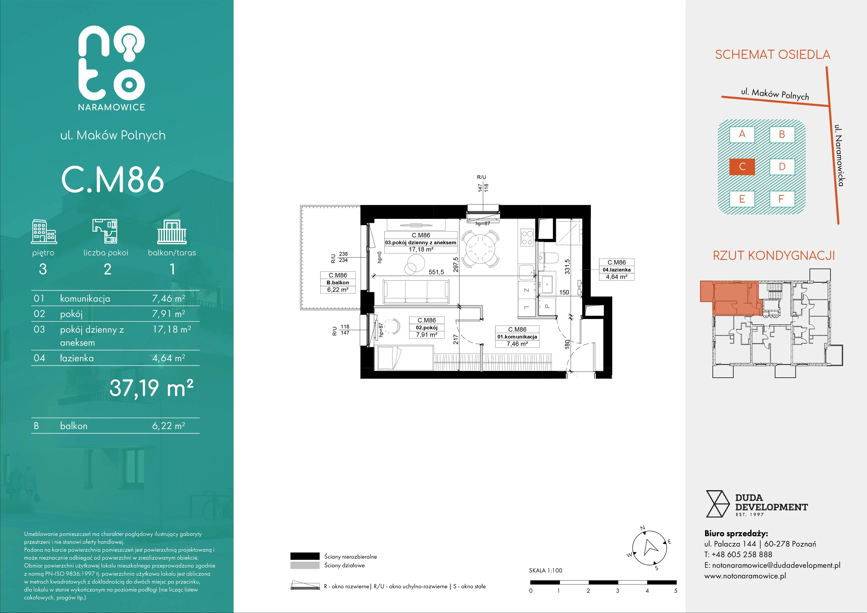 2 pokoje, mieszkanie 37,19 m², piętro 3, oferta nr C.M86, No to Naramowice, Poznań, Naramowice, Naramowice, ul. Maków Polnych