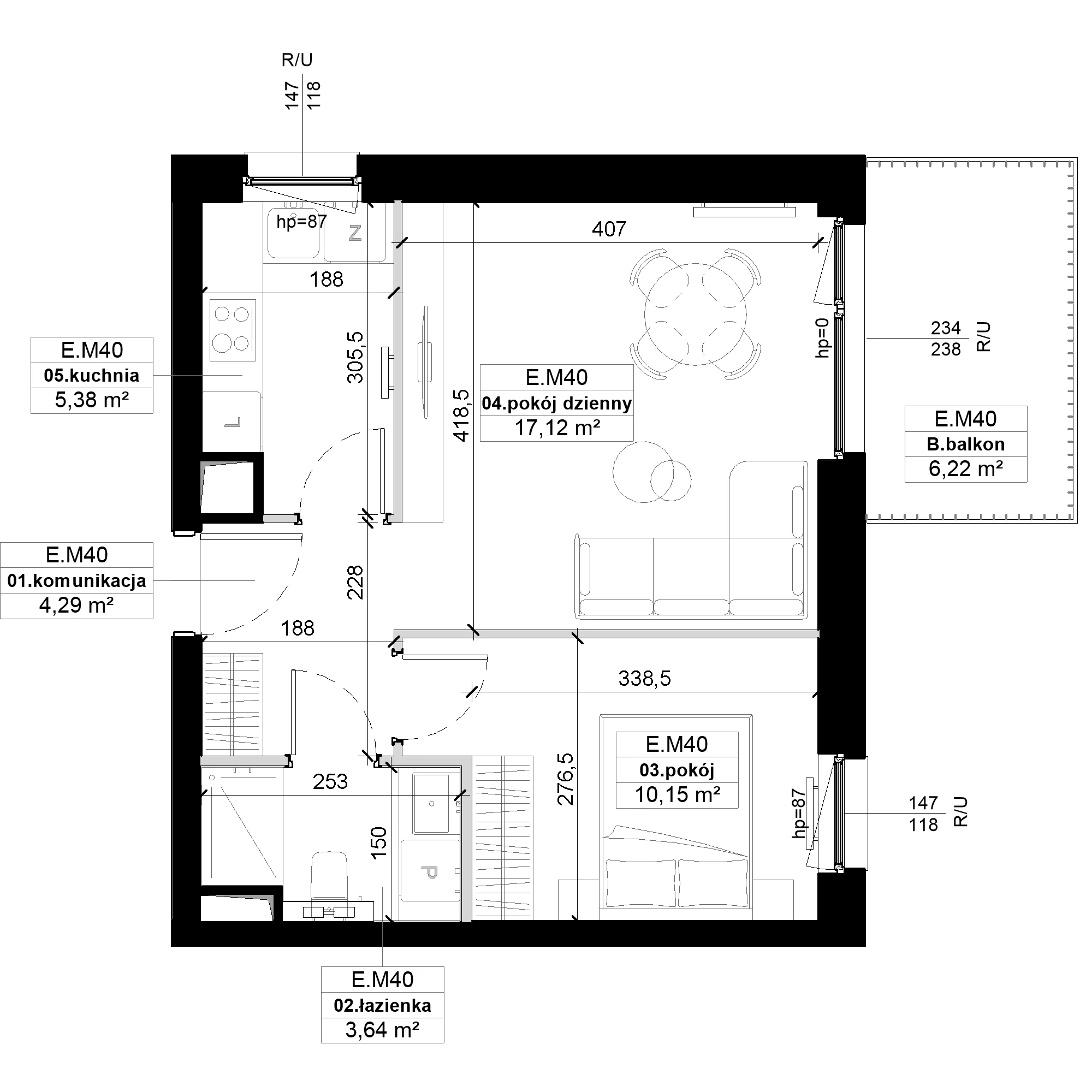 2 pokoje, mieszkanie 40,58 m², piętro 1, oferta nr E.M40, No to Naramowice, Poznań, Naramowice, Naramowice, ul. Maków Polnych