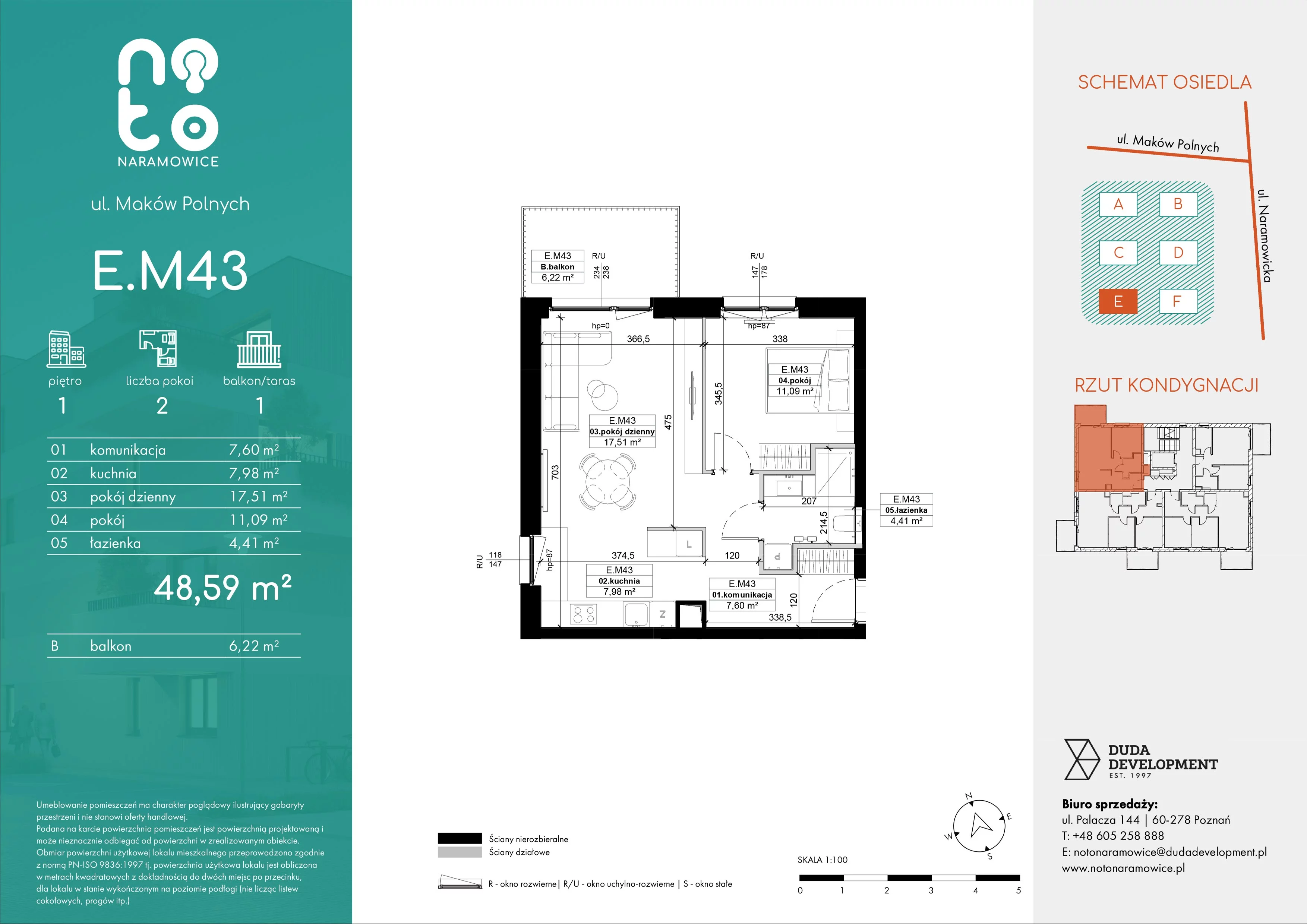 2 pokoje, mieszkanie 48,59 m², piętro 1, oferta nr E.M43, No to Naramowice, Poznań, Naramowice, Naramowice, ul. Maków Polnych
