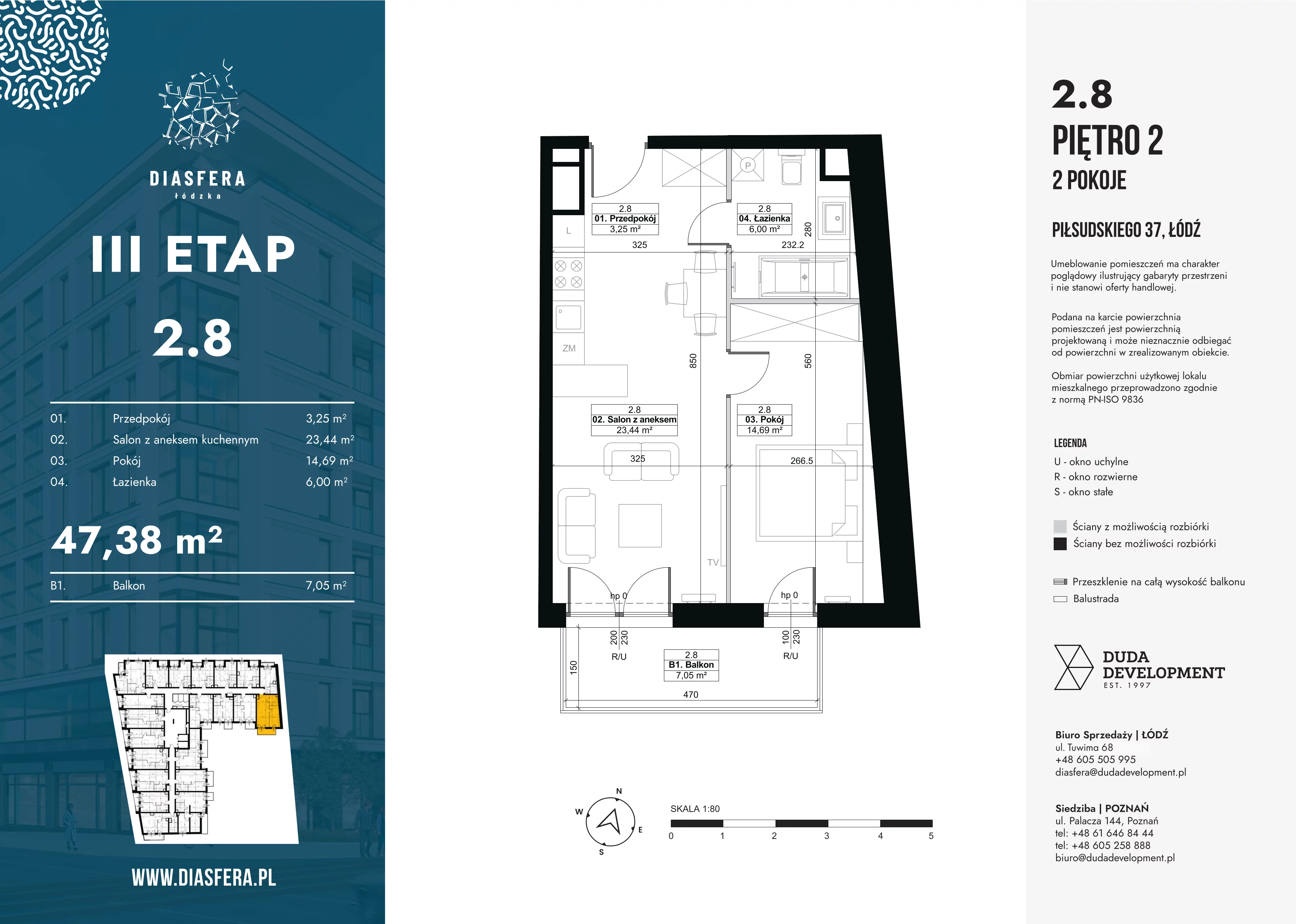 2 pokoje, mieszkanie 47,38 m², piętro 2, oferta nr 2.8, Diasfera III, Łódź, Śródmieście, al. Piłsudskiego 37